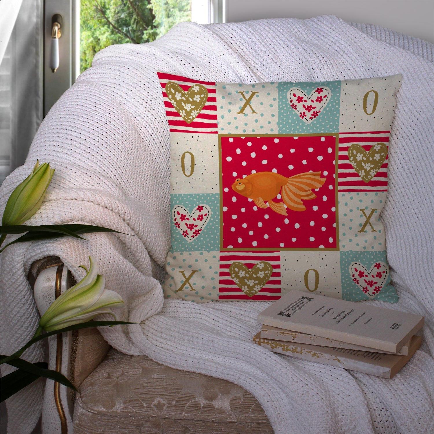 Celestial Eye Goldfish Love Decorative Throw Pillow 14x14 Indoor Outdoor Accent Cushion, Fabric Cover with Insert for Sofa, Bed, Porch & Living Room