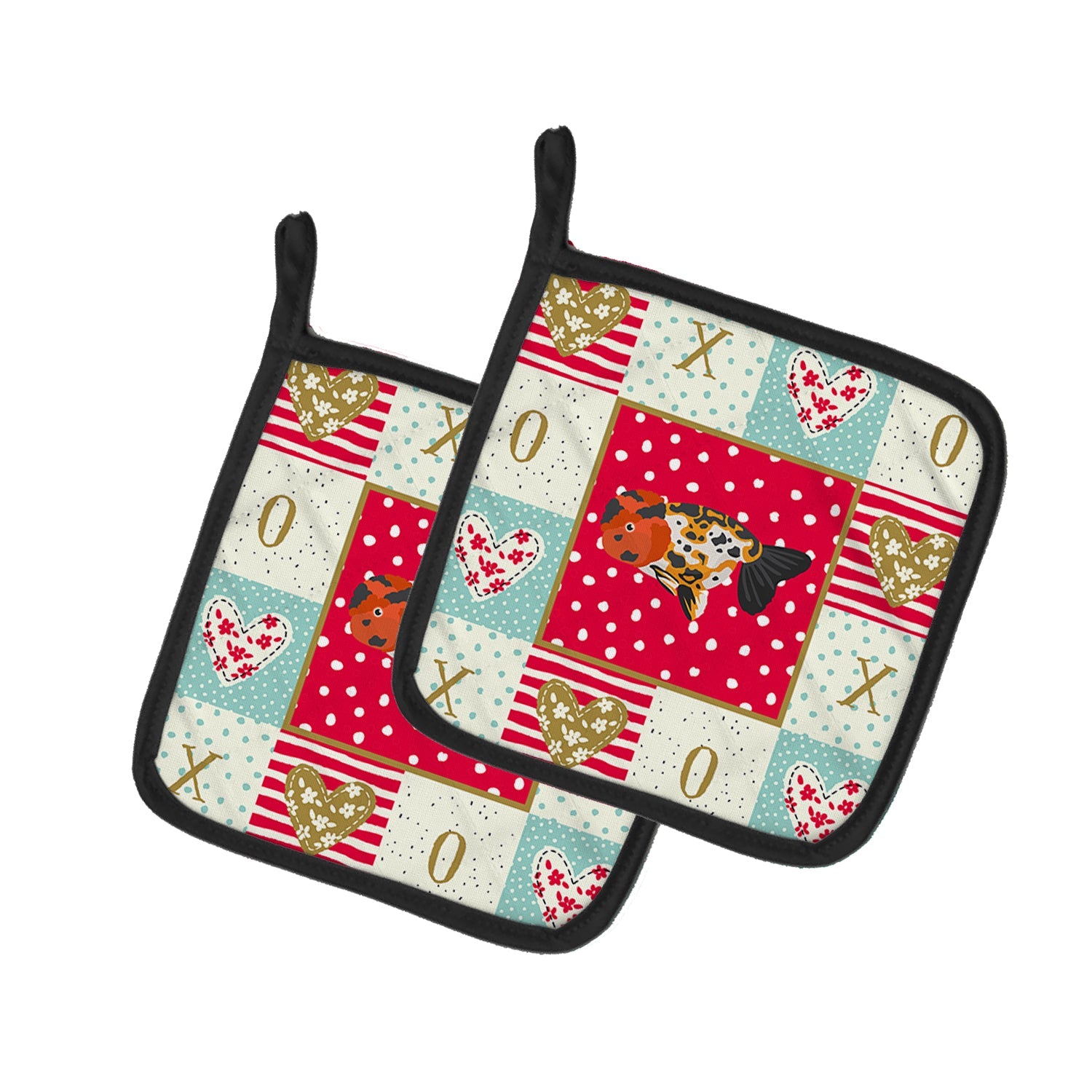 Ranchu Goldfish Love Pot Holder Set of 2 Heat Resistant Quilted Hot Pads 7.5 x 7.5 Inch, Insulated Kitchen Trivets for Cooking & Baking