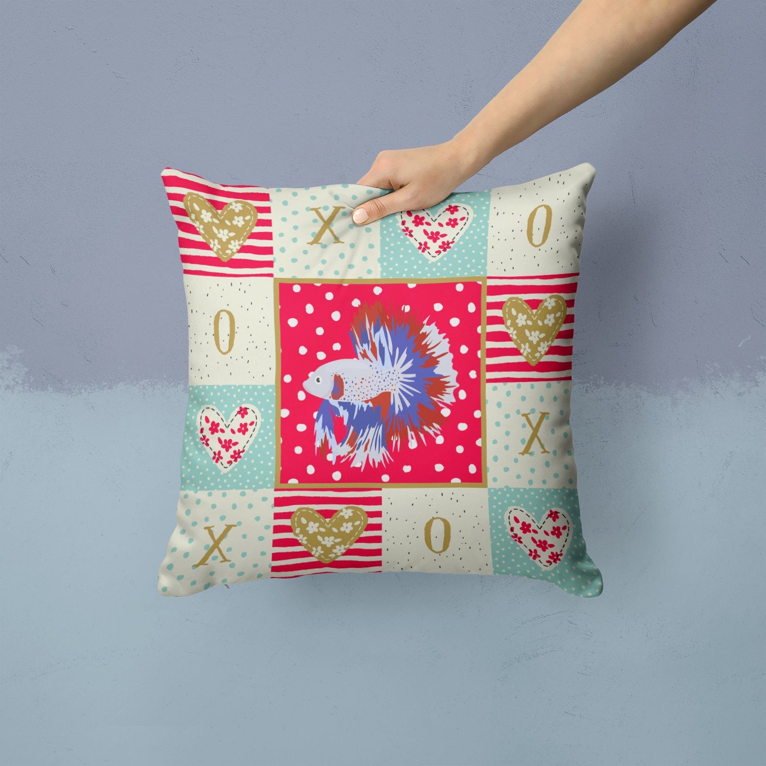 Comb Tail Betta Love Decorative Throw Pillow 14x14 Indoor Outdoor Accent Cushion, Fabric Cover with Insert for Sofa, Bed, Porch & Living Room
