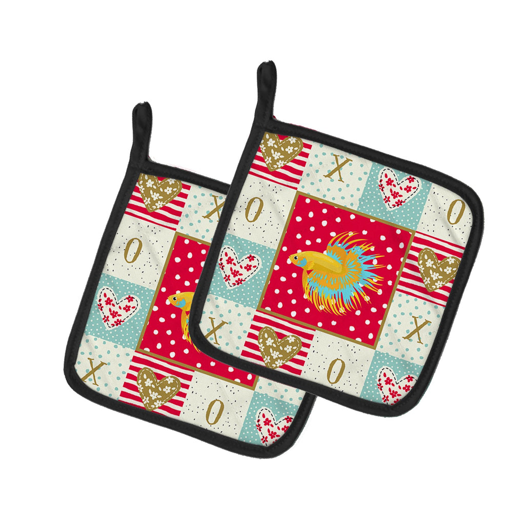CrownTail Betta Love Pot Holder Set of 2 Heat Resistant Quilted Hot Pads 7.5 x 7.5 Inch, Insulated Kitchen Trivets for Cooking & Baking