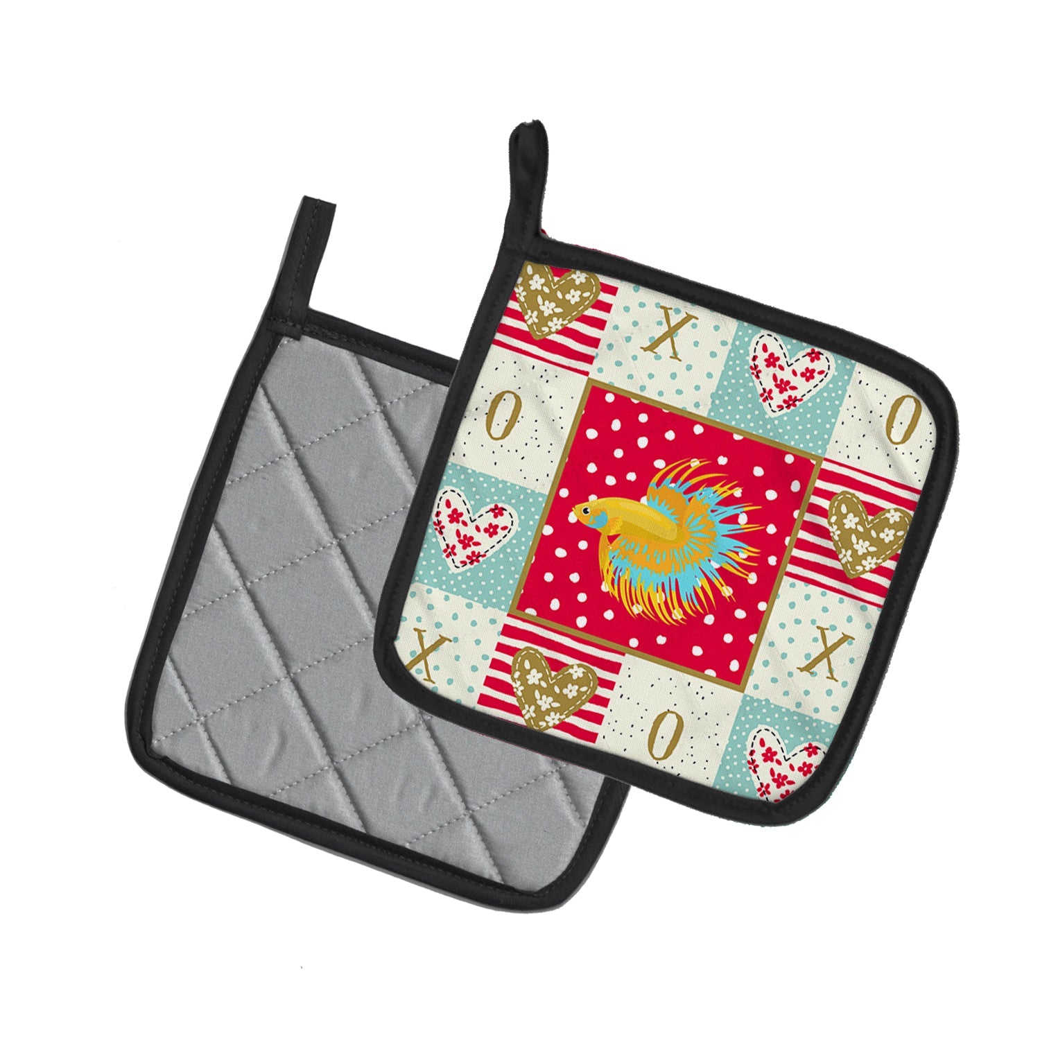 CrownTail Betta Love Pot Holder Set of 2 Heat Resistant Quilted Hot Pads 7.5 x 7.5 Inch, Insulated Kitchen Trivets for Cooking & Baking