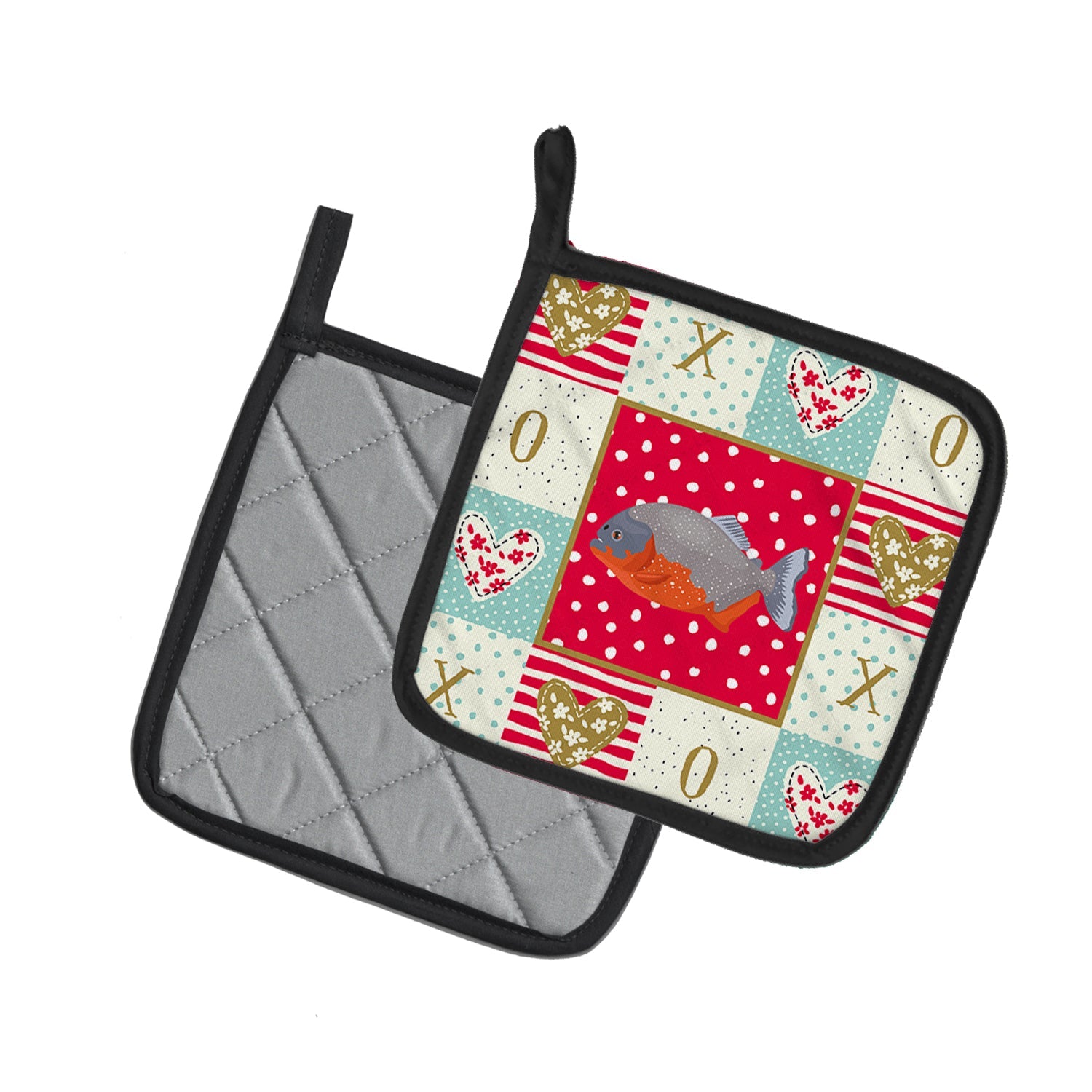 Piranha Love Pot Holder Set of 2 Heat Resistant Quilted Hot Pads 7.5 x 7.5 Inch, Insulated Kitchen Trivets for Cooking & Baking