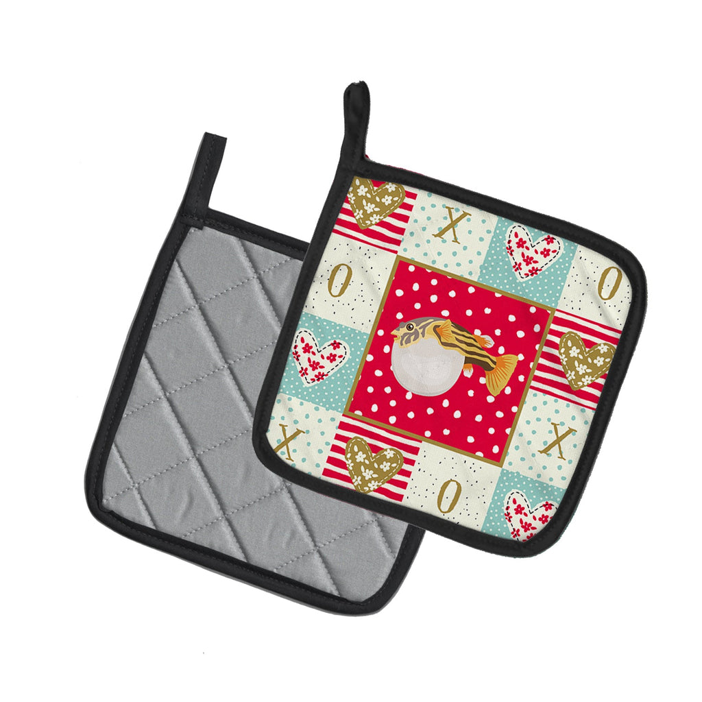 Puffer Fish Love Pot Holder Set of 2 Heat Resistant Quilted Hot Pads 7.5 x 7.5 Inch, Insulated Kitchen Trivets for Cooking & Baking