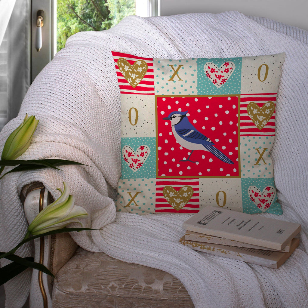 Jay Bird Love Decorative Throw Pillow 14x14 Indoor Outdoor Accent Cushion, Fabric Cover with Insert for Sofa, Bed, Porch & Living Room