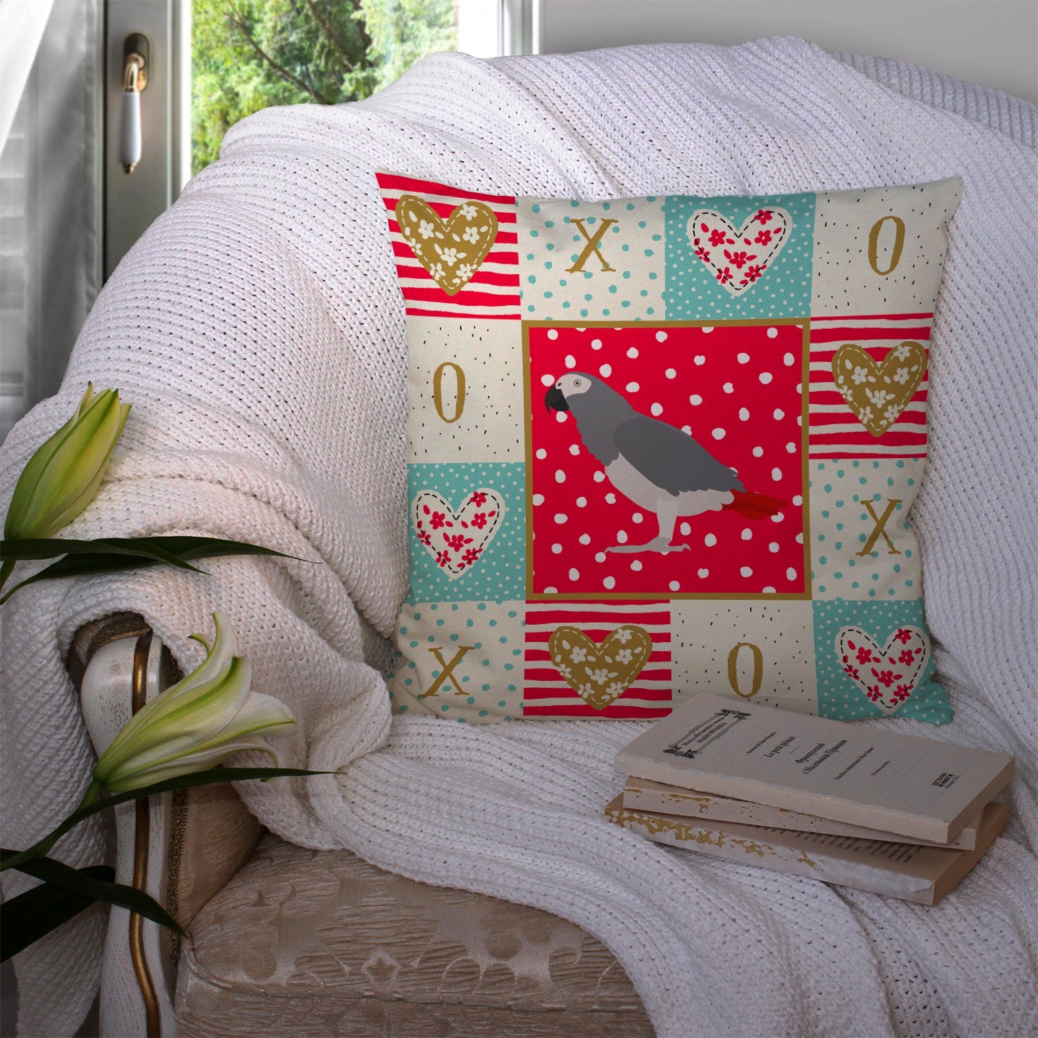 African Grey Parrot Love Decorative Throw Pillow 14x14 Indoor Outdoor Accent Cushion, Fabric Cover with Insert for Sofa, Bed, Porch & Living Room