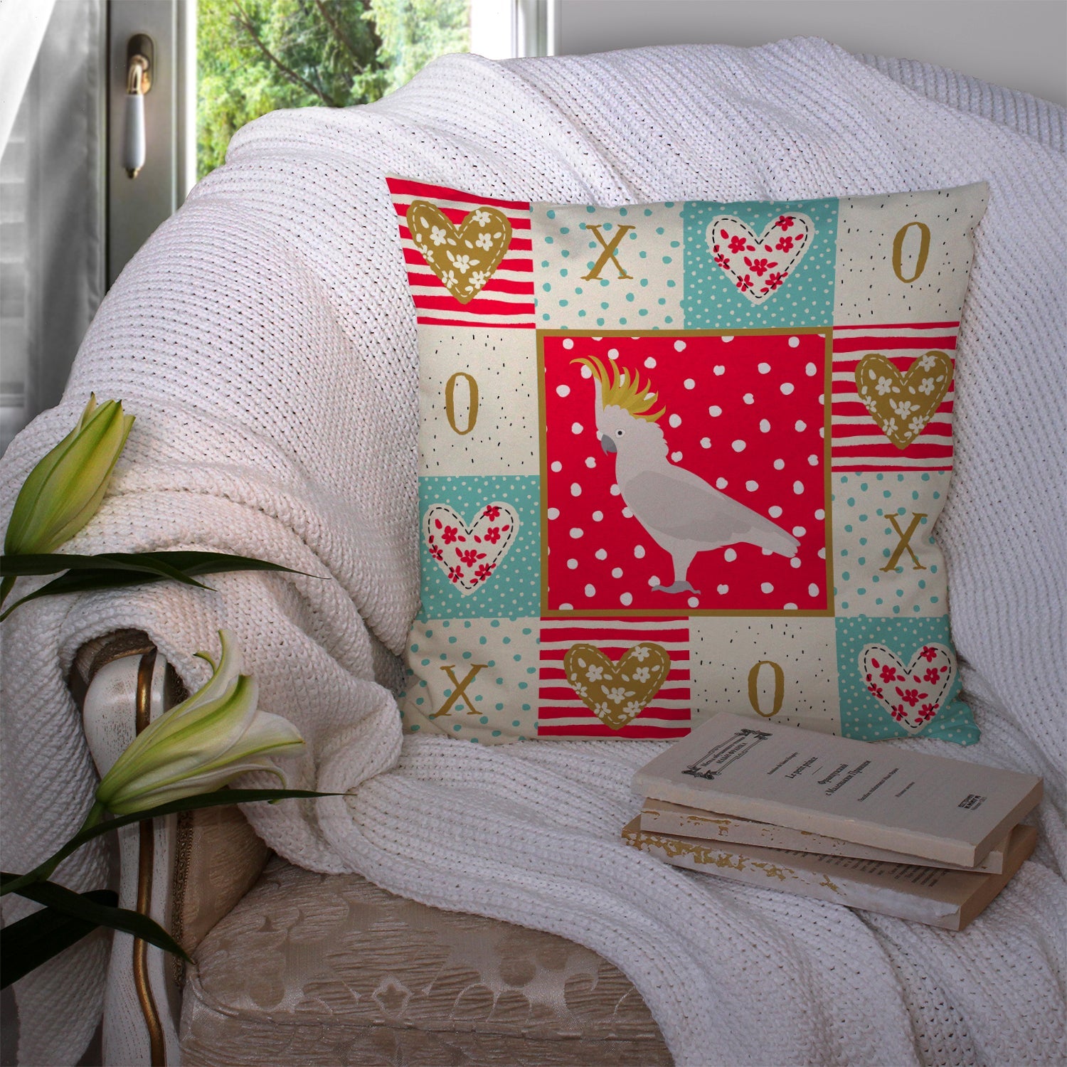 Cockatoo Love Decorative Throw Pillow 14x14 Indoor Outdoor Accent Cushion, Fabric Cover with Insert for Sofa, Bed, Porch & Living Room