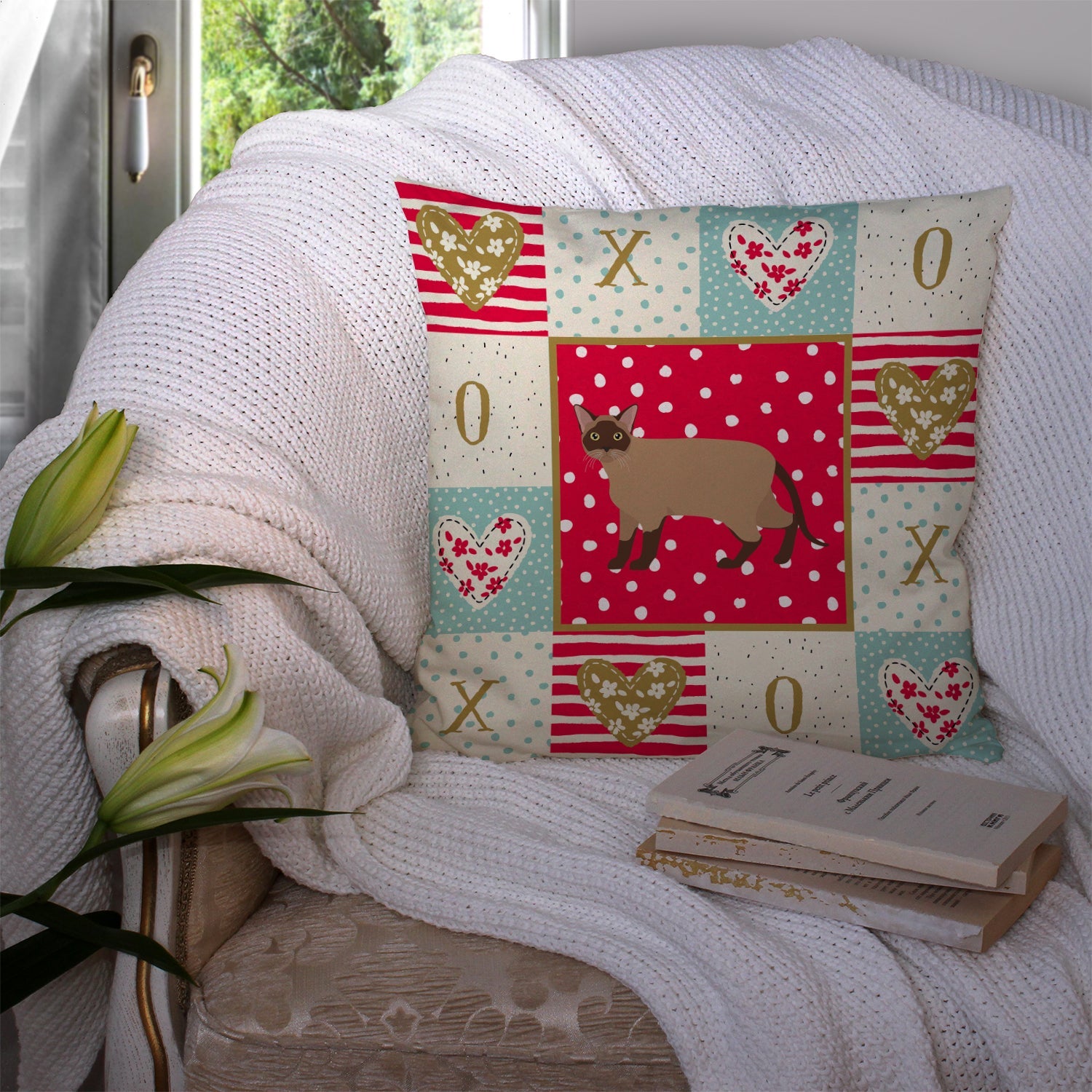 Burmese Cat Love Decorative Throw Pillow 14x14 Indoor Outdoor Accent Cushion, Fabric Cover with Insert for Sofa, Bed, Porch & Living Room