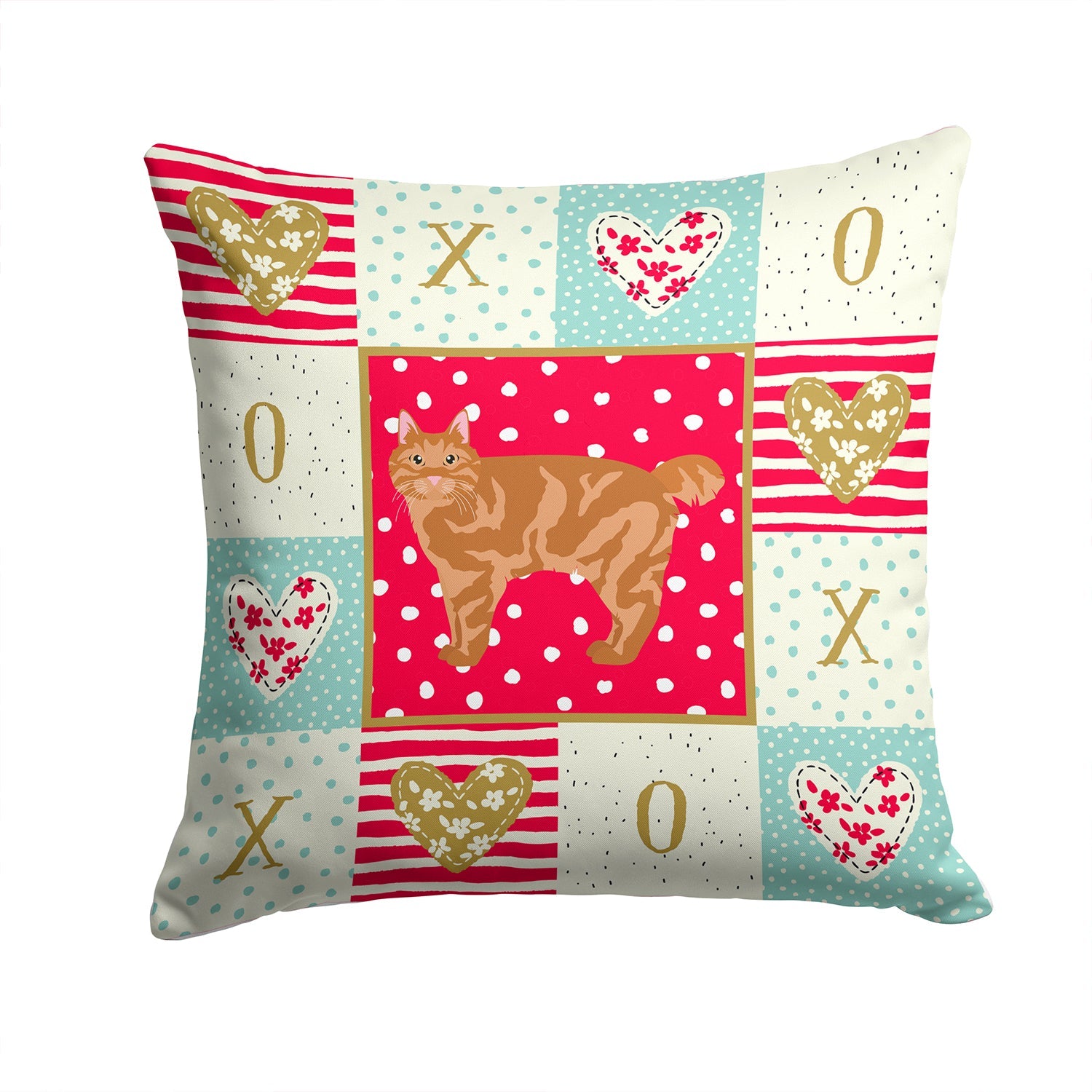 Kurilian Bobtail Cat Love Decorative Throw Pillow 14x14 Indoor Outdoor Accent Cushion, Fabric Cover with Insert for Sofa, Bed, Porch & Living Room