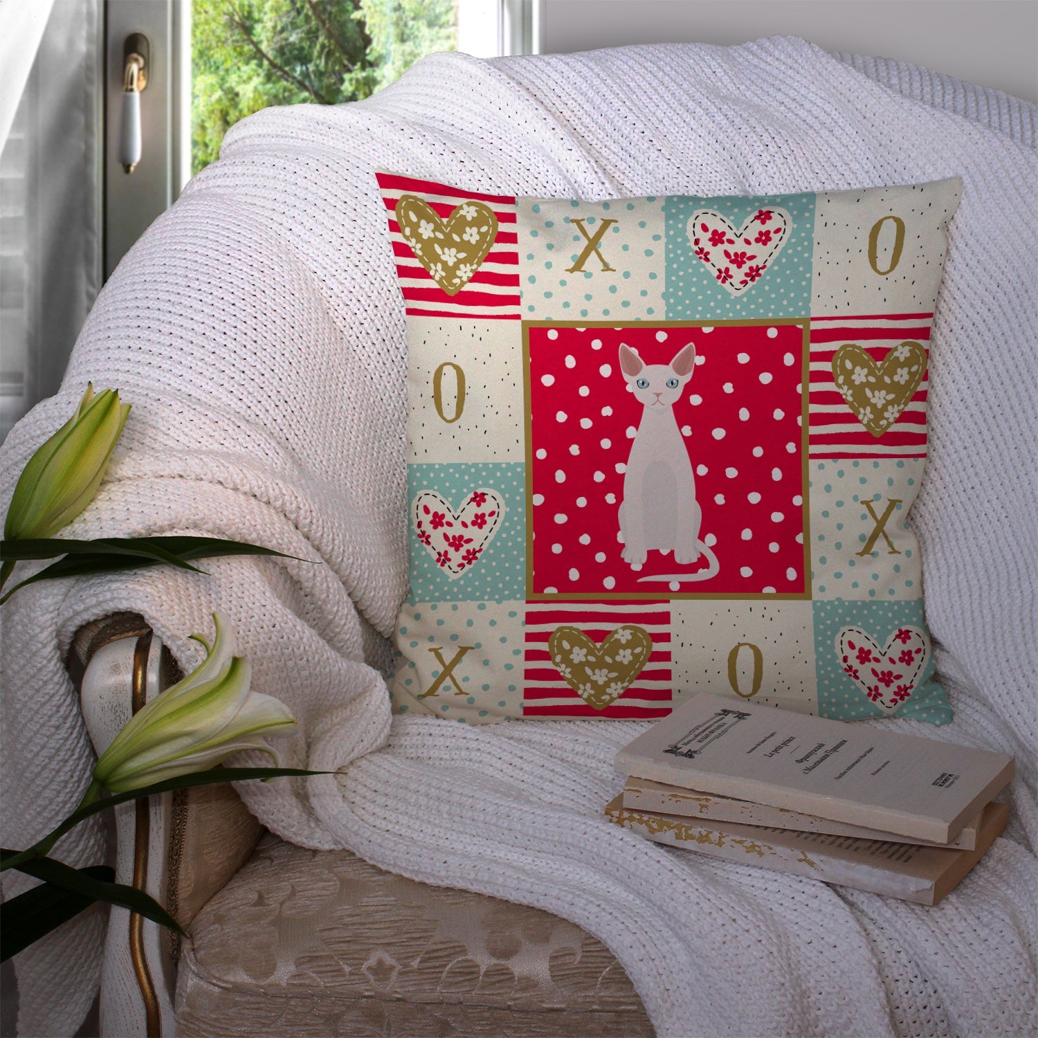 Devon Rex #2 Cat Love Decorative Throw Pillow 14x14 Indoor Outdoor Accent Cushion, Fabric Cover with Insert for Sofa, Bed, Porch & Living Room