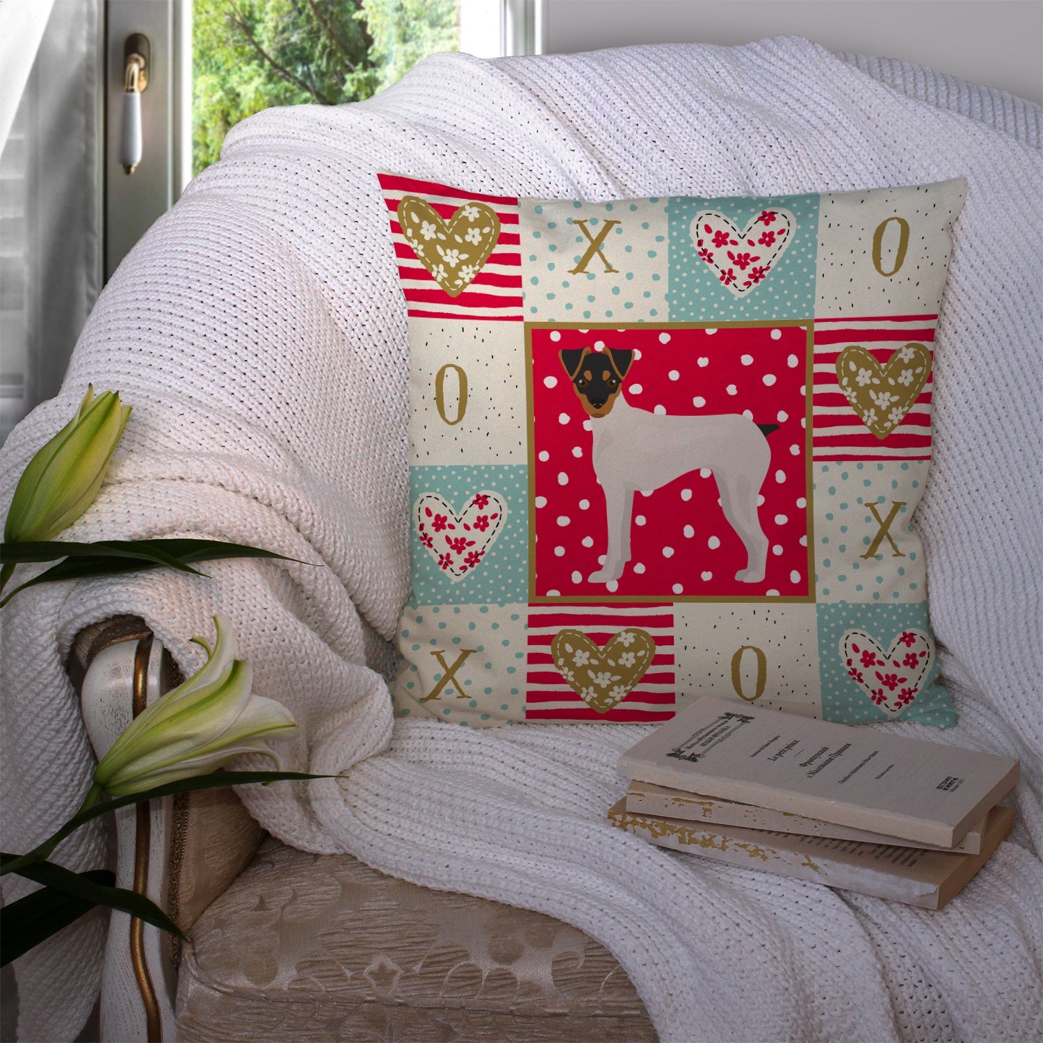 Japanese Terrier Love Decorative Throw Pillow 14x14 Indoor Outdoor Accent Cushion, Fabric Cover with Insert for Sofa, Bed, Porch & Living Room