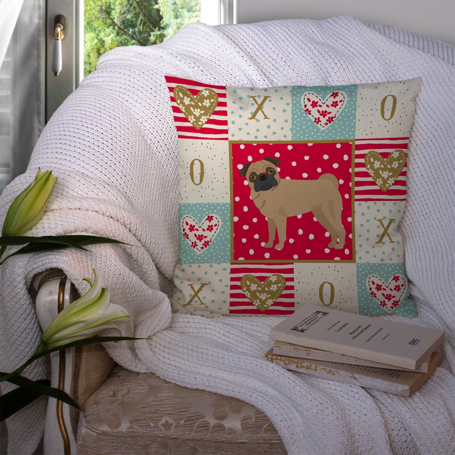 Pug Love Decorative Throw Pillow 14x14 Indoor Outdoor Accent Cushion, Fabric Cover with Insert for Sofa, Bed, Porch & Living Room