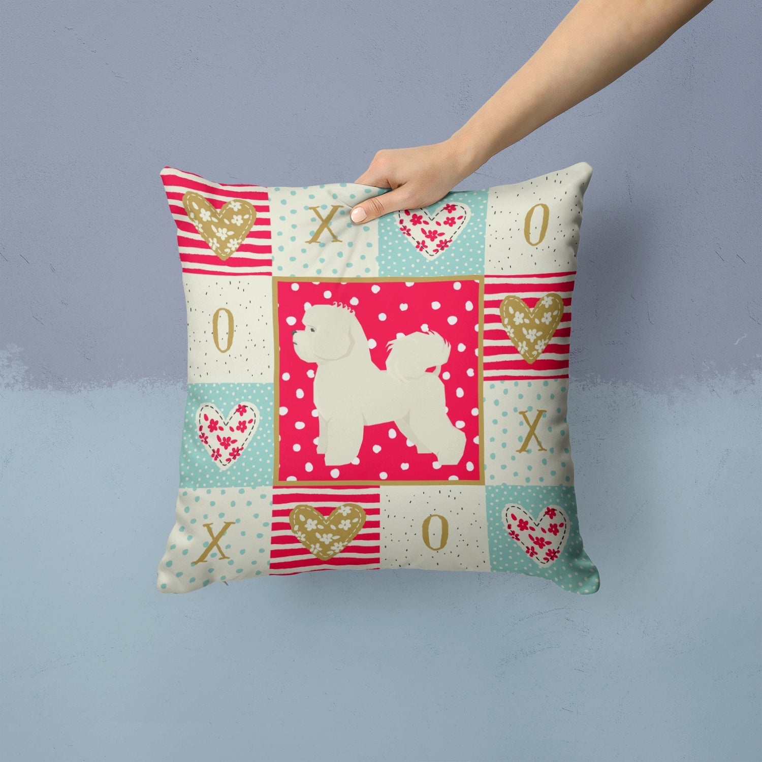 Bichon Frise Love Decorative Throw Pillow 14x14 Indoor Outdoor Accent Cushion, Fabric Cover with Insert for Sofa, Bed, Porch & Living Room