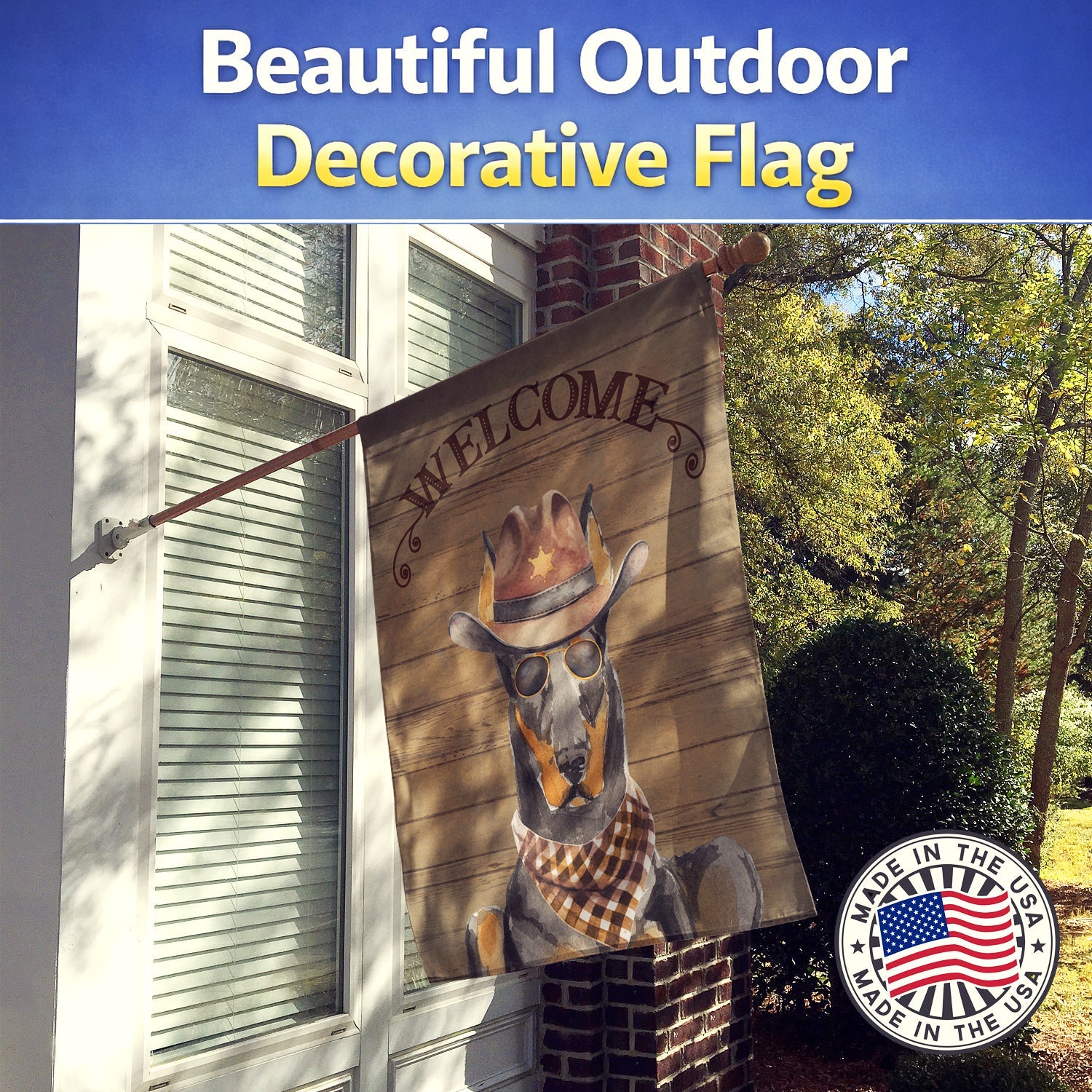Doberman Pinscher Country Dog House Flag 28x40 Porch Sleeve Pole Decorative Outside Yard Banner Artwork Wall Hanging, Polyester