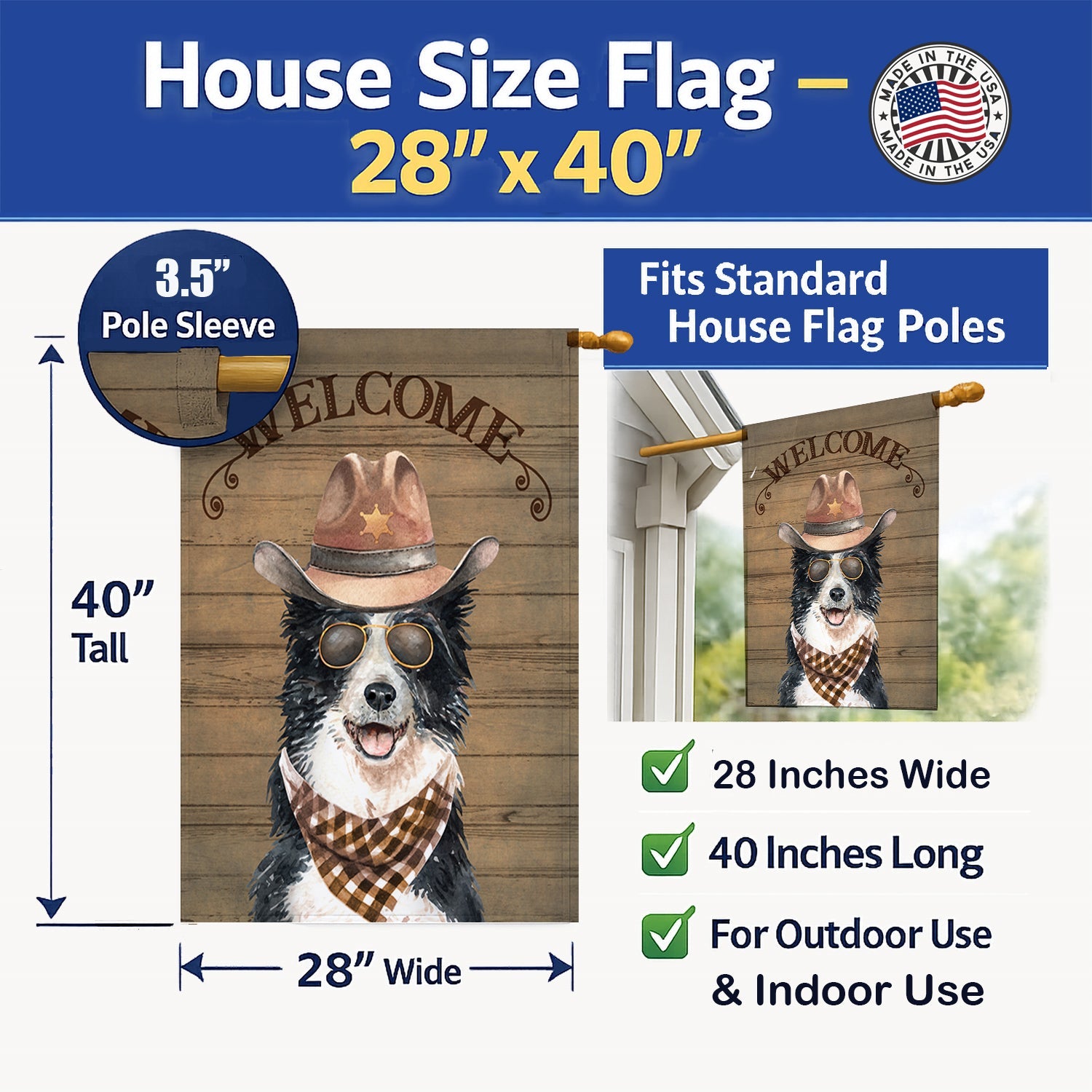 Border Collie Country Dog House Flag 28x40 Porch Sleeve Pole Decorative Outside Yard Banner Artwork Wall Hanging, Polyester