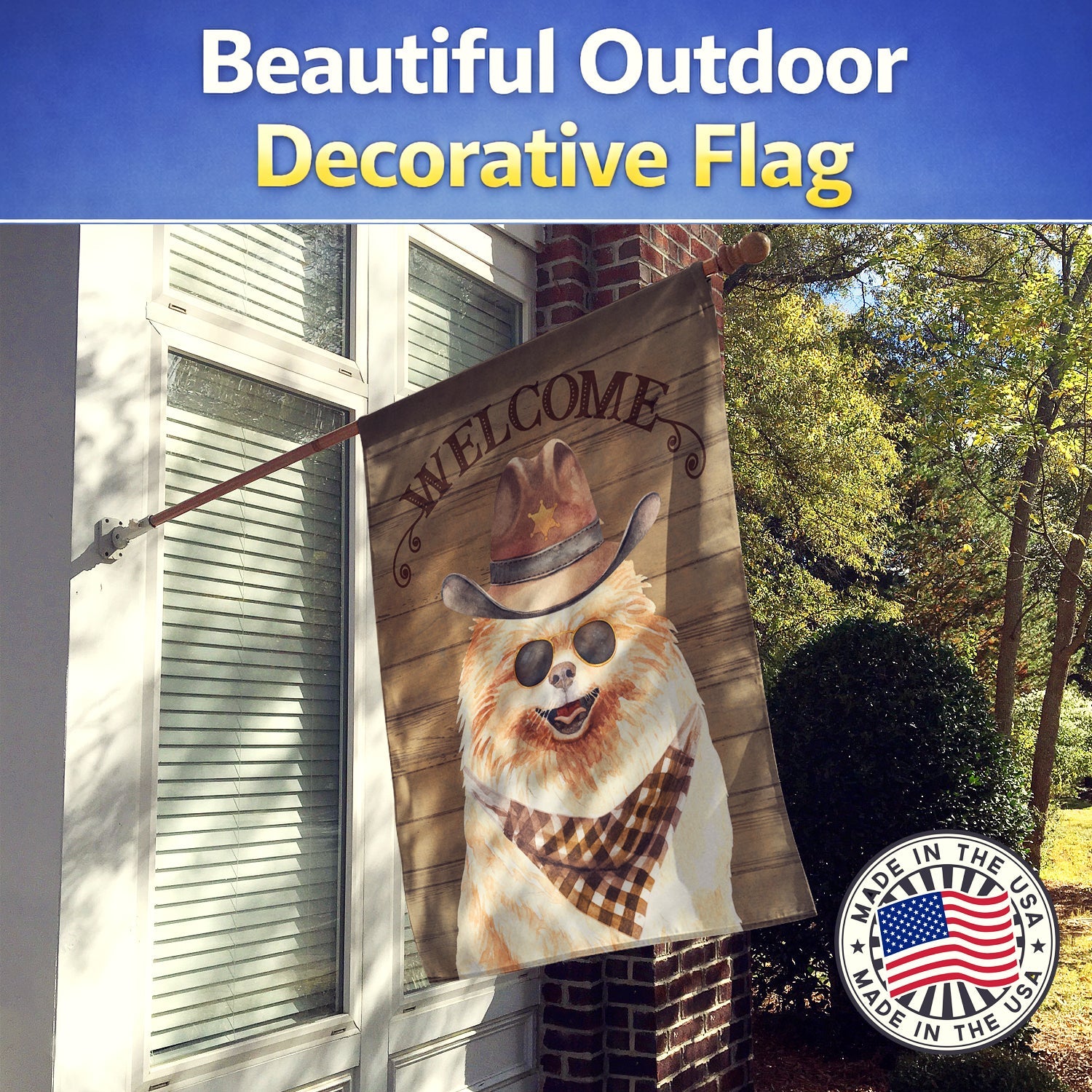 Pomeranian Country Dog House Flag 28x40 Porch Sleeve Pole Decorative Outside Yard Banner Artwork Wall Hanging, Polyester