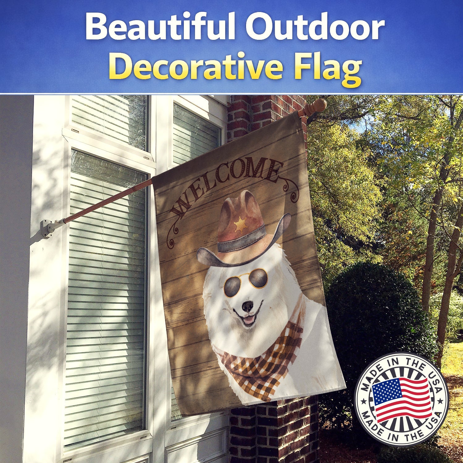 Japanese Spitz Country Dog House Flag 28x40 Porch Sleeve Pole Decorative Outside Yard Banner Artwork Wall Hanging, Polyester