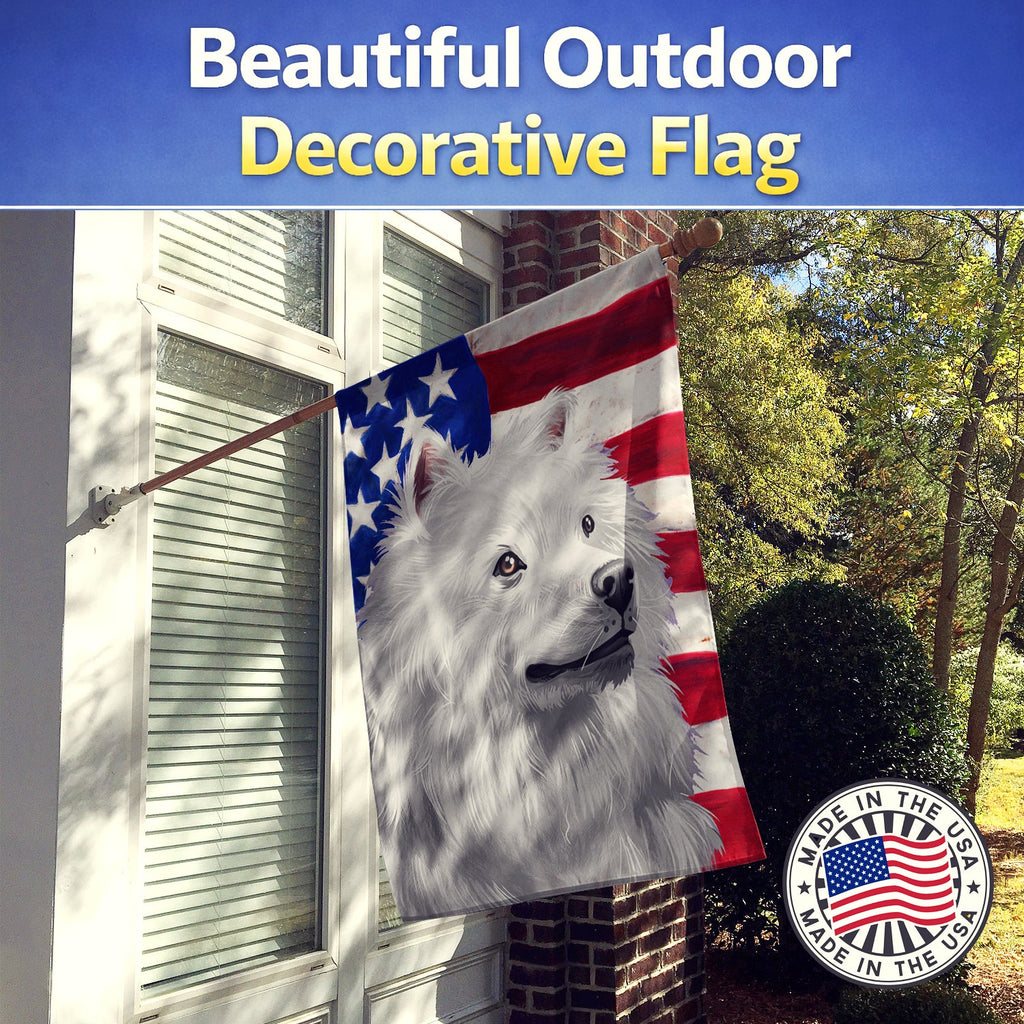 American Eskimo Dog American Flag House Flag 28x40 Porch Sleeve Pole Decorative Outside Yard Banner Artwork Wall Hanging, Polyester