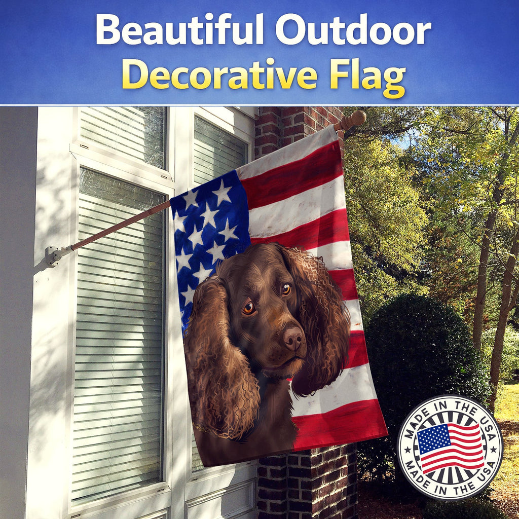 American Water Spaniel  American Flag House Flag 28x40 Porch Sleeve Pole Decorative Outside Yard Banner Artwork Wall Hanging, Polyester