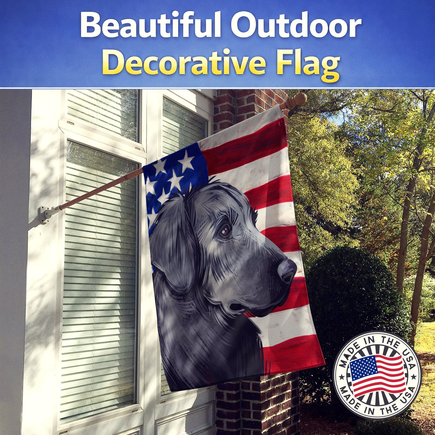 Flat-Coated Retriever American Flag House Flag 28x40 Porch Sleeve Pole Decorative Outside Yard Banner Artwork Wall Hanging, Polyester