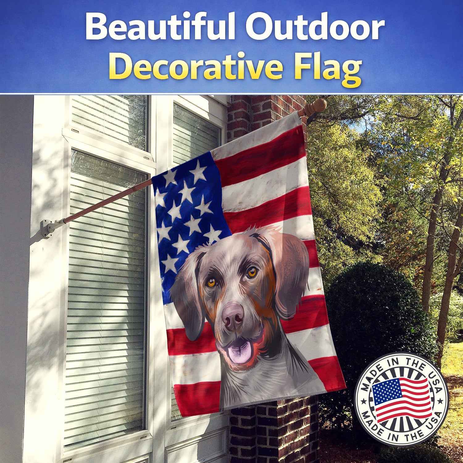 Pointer Dog American Flag House Flag 28x40 Porch Sleeve Pole Decorative Outside Yard Banner Artwork Wall Hanging, Polyester