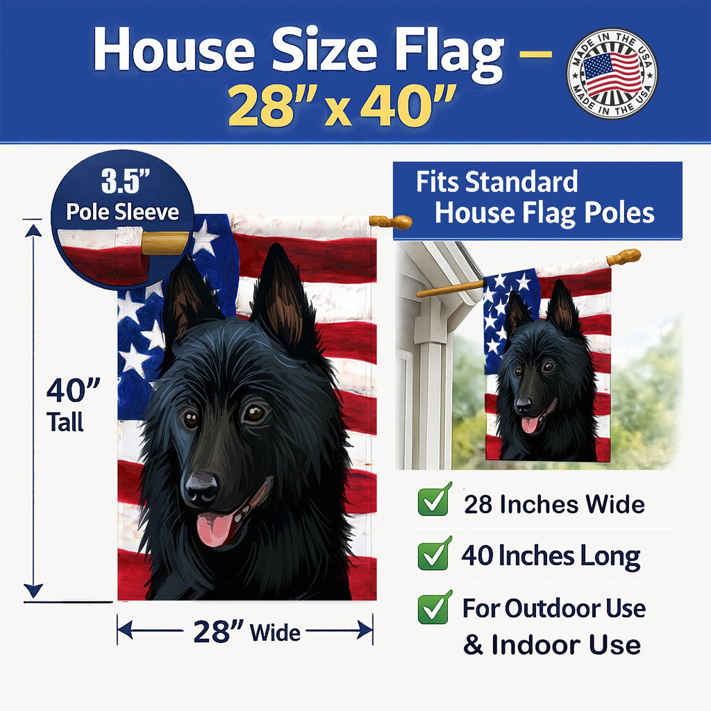 Schipperke Dog American Flag House Flag 28x40 Porch Sleeve Pole Decorative Outside Yard Banner Artwork Wall Hanging, Polyester