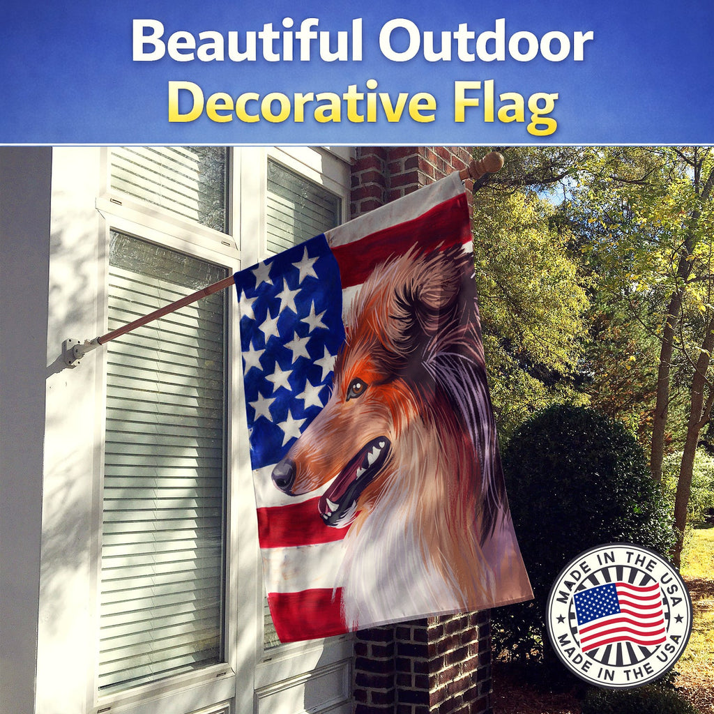Scotch Collie Dog American Flag House Flag 28x40 Porch Sleeve Pole Decorative Outside Yard Banner Artwork Wall Hanging, Polyester