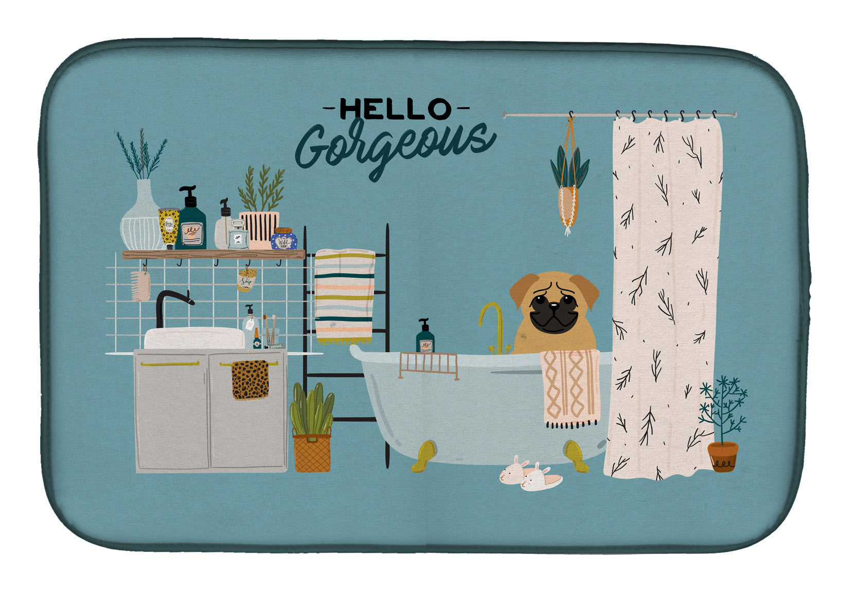 Brown Pug in Bathtub Dish Drying Mat Absorbent Dish Drying Mat Pad for Kitchen Counter Dish Drainer Mat for Countertop, 14 x 21", Multicolor
