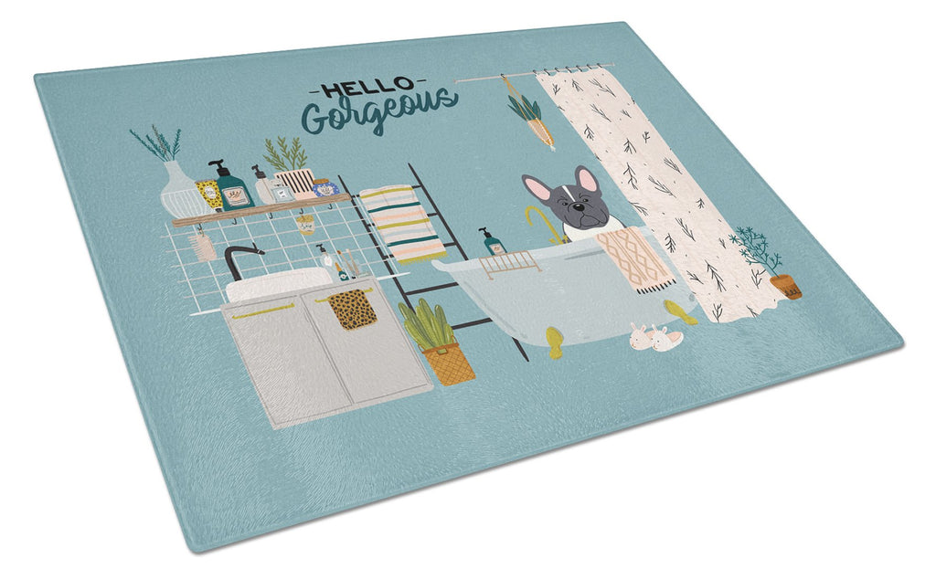 Black White French Bulldog in Bathtub Cutting Board Tempered Glass Kitchen Cutting Surface, Heat Resistant Chopping, Non-Slip Feet, Food Prep & Serving
