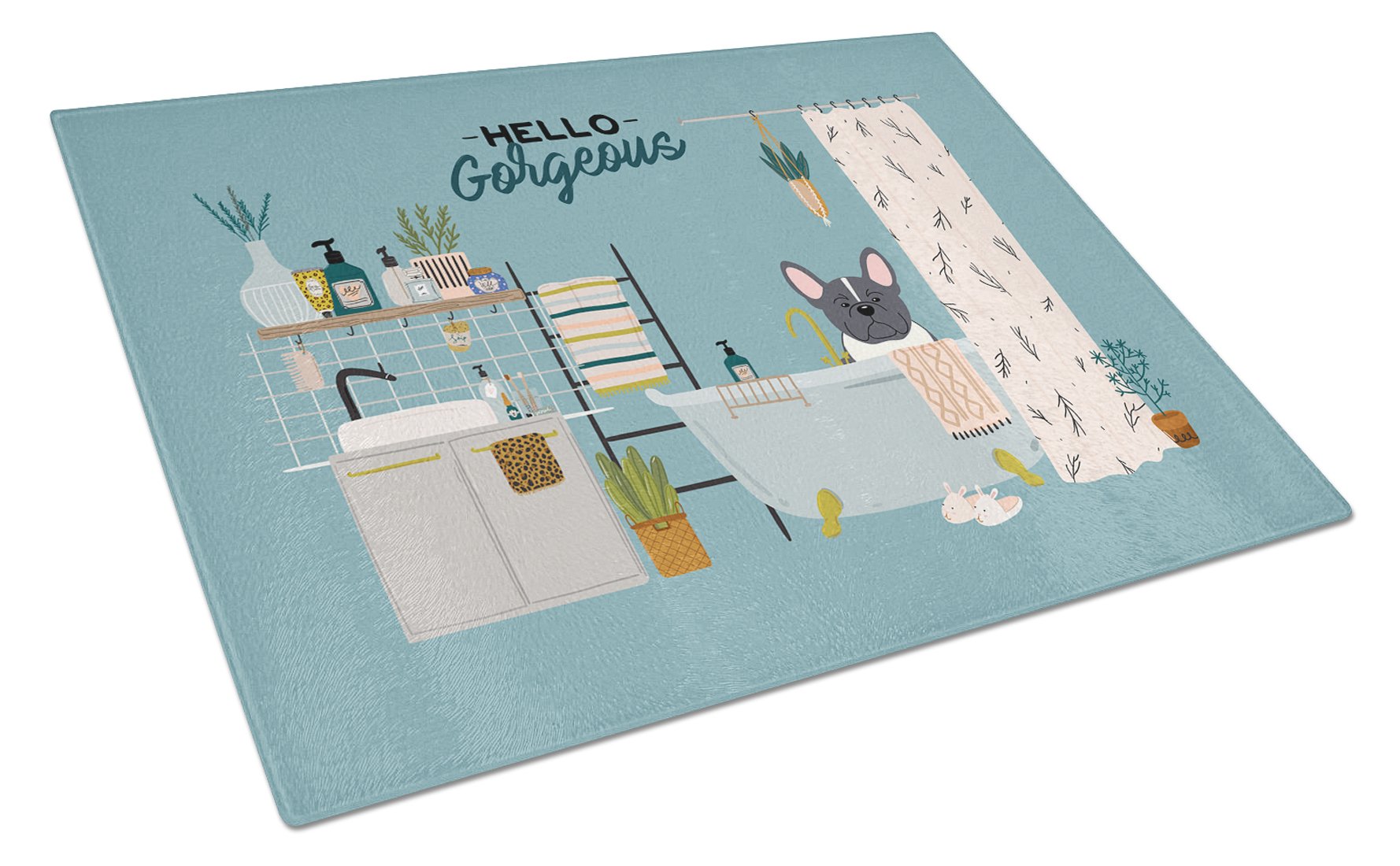 Black White French Bulldog in Bathtub Cutting Board Tempered Glass Kitchen Cutting Surface, Heat Resistant Chopping, Non-Slip Feet, Food Prep & Serving