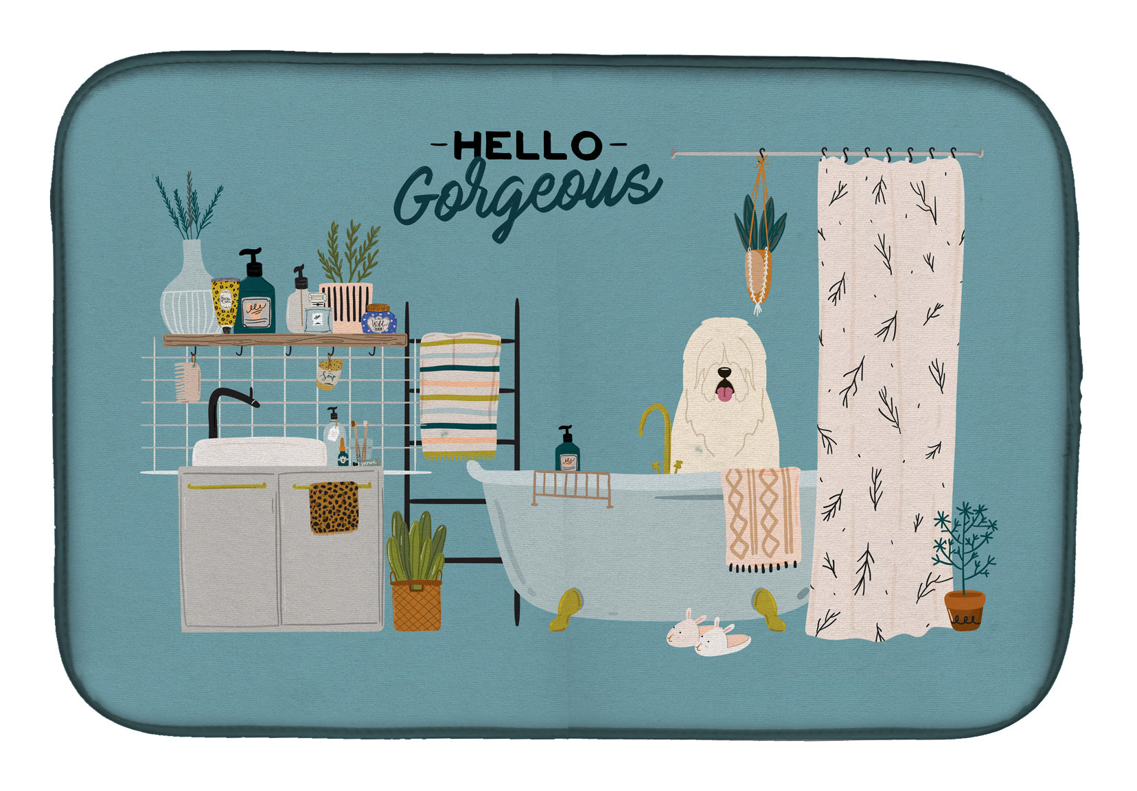 South Russian Sheepdog in Bathtub Dish Drying Mat Absorbent Dish Drying Mat Pad for Kitchen Counter Dish Drainer Mat for Countertop, 14 x 21", Multicolor