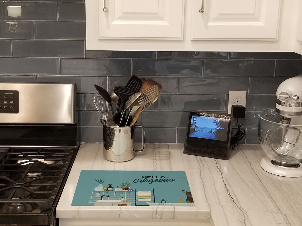 Manchester Terrier in Bathtub Cutting Board Tempered Glass Kitchen Cutting Surface, Heat Resistant Chopping, Non-Slip Feet, Food Prep & Serving