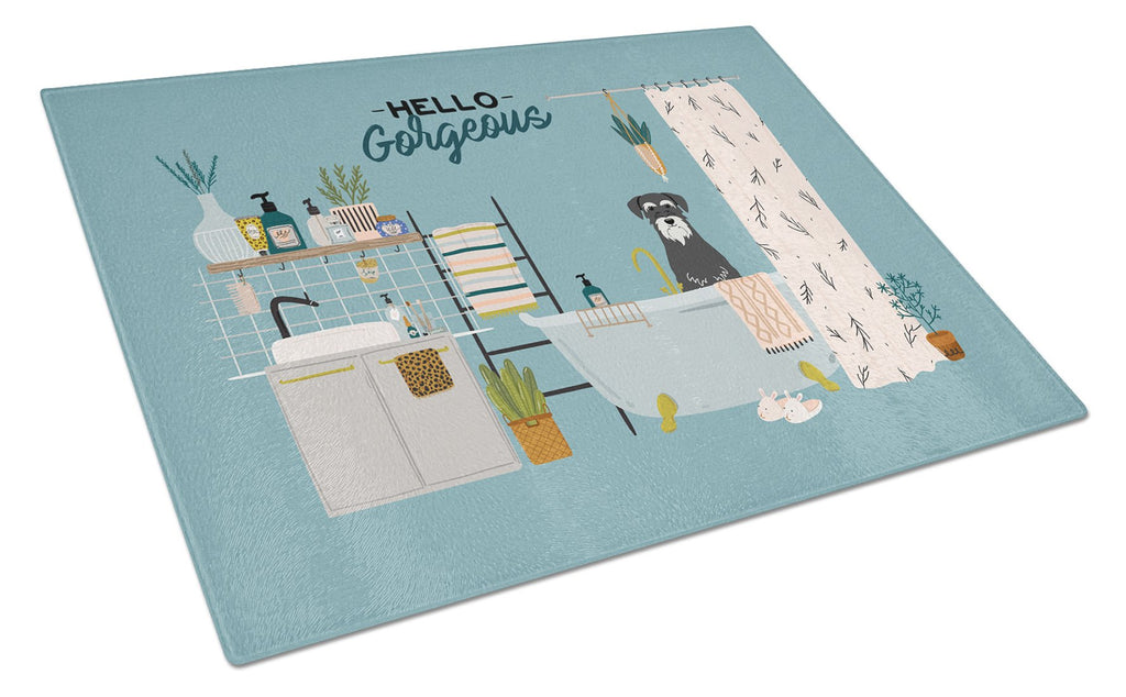 Salt and Pepper Standard Schnauzer in Bathtub Cutting Board Tempered Glass Kitchen Cutting Surface, Heat Resistant Chopping, Non-Slip Feet, Food Prep & Serving
