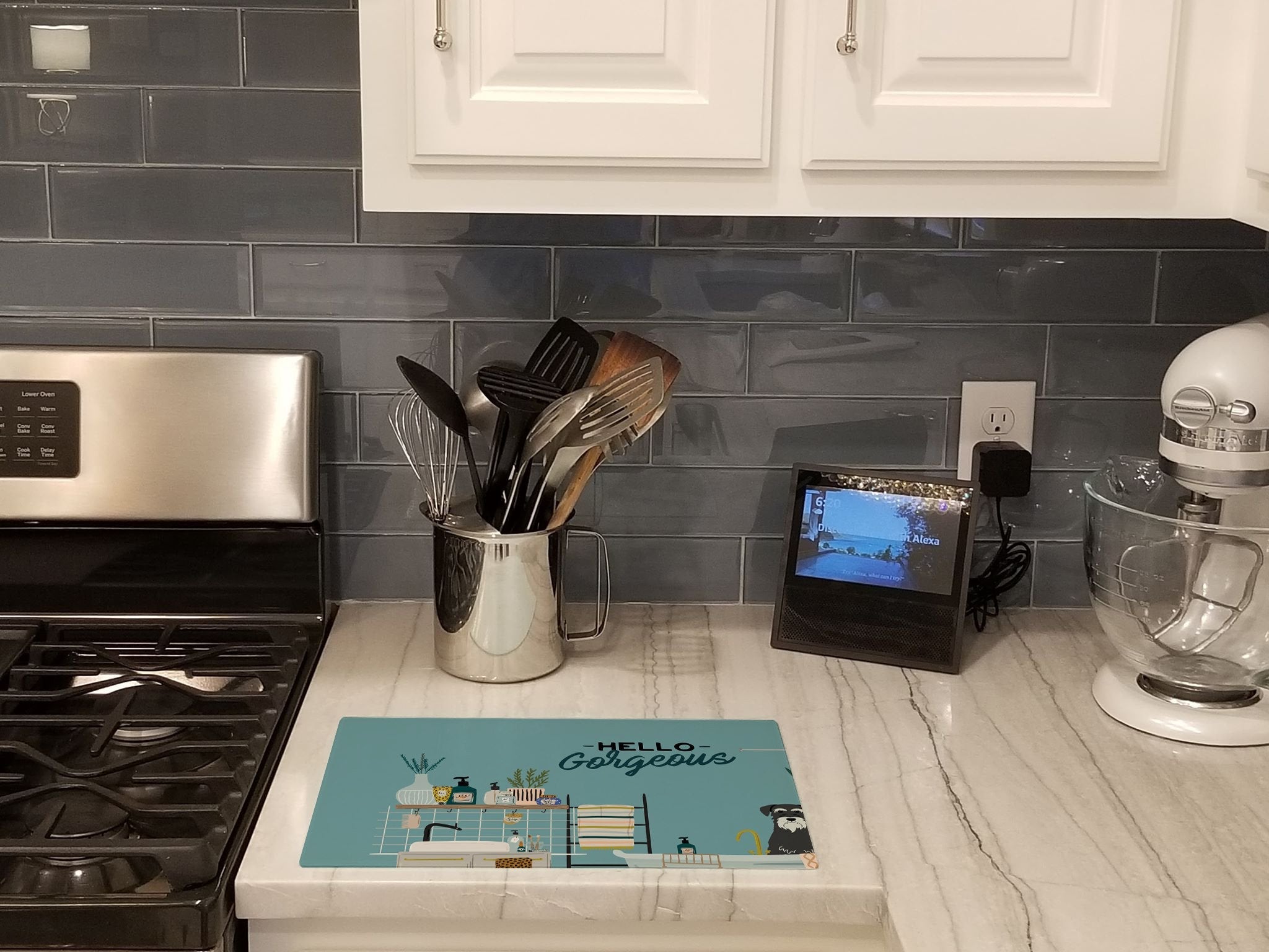 Salt and Pepper Standard Schnauzer in Bathtub Cutting Board Tempered Glass Kitchen Cutting Surface, Heat Resistant Chopping, Non-Slip Feet, Food Prep & Serving