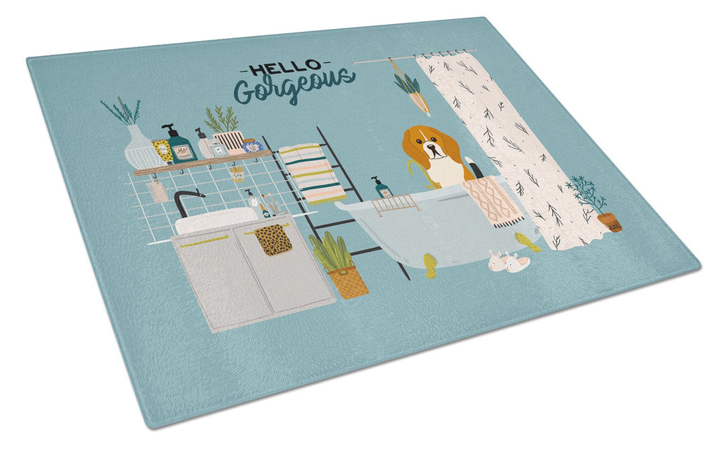 Tricolor Beagle in Bathtub Cutting Board Tempered Glass Kitchen Cutting Surface, Heat Resistant Chopping, Non-Slip Feet, Food Prep & Serving