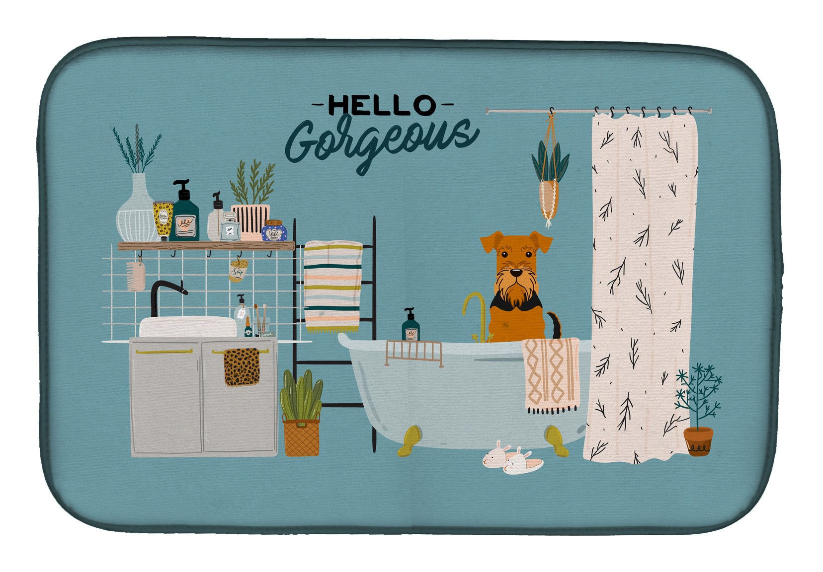 Airedale in Bathtub Dish Drying Mat Absorbent Dish Drying Mat Pad for Kitchen Counter Dish Drainer Mat for Countertop, 14 x 21", Multicolor