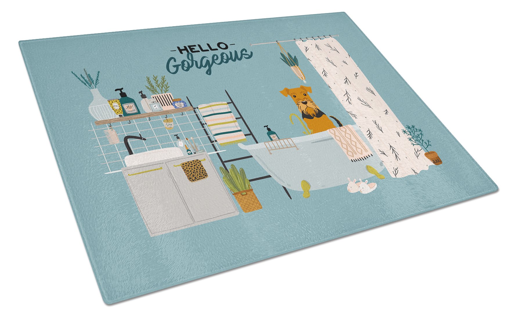 Airedale in Bathtub Cutting Board Tempered Glass Kitchen Cutting Surface, Heat Resistant Chopping, Non-Slip Feet, Food Prep & Serving
