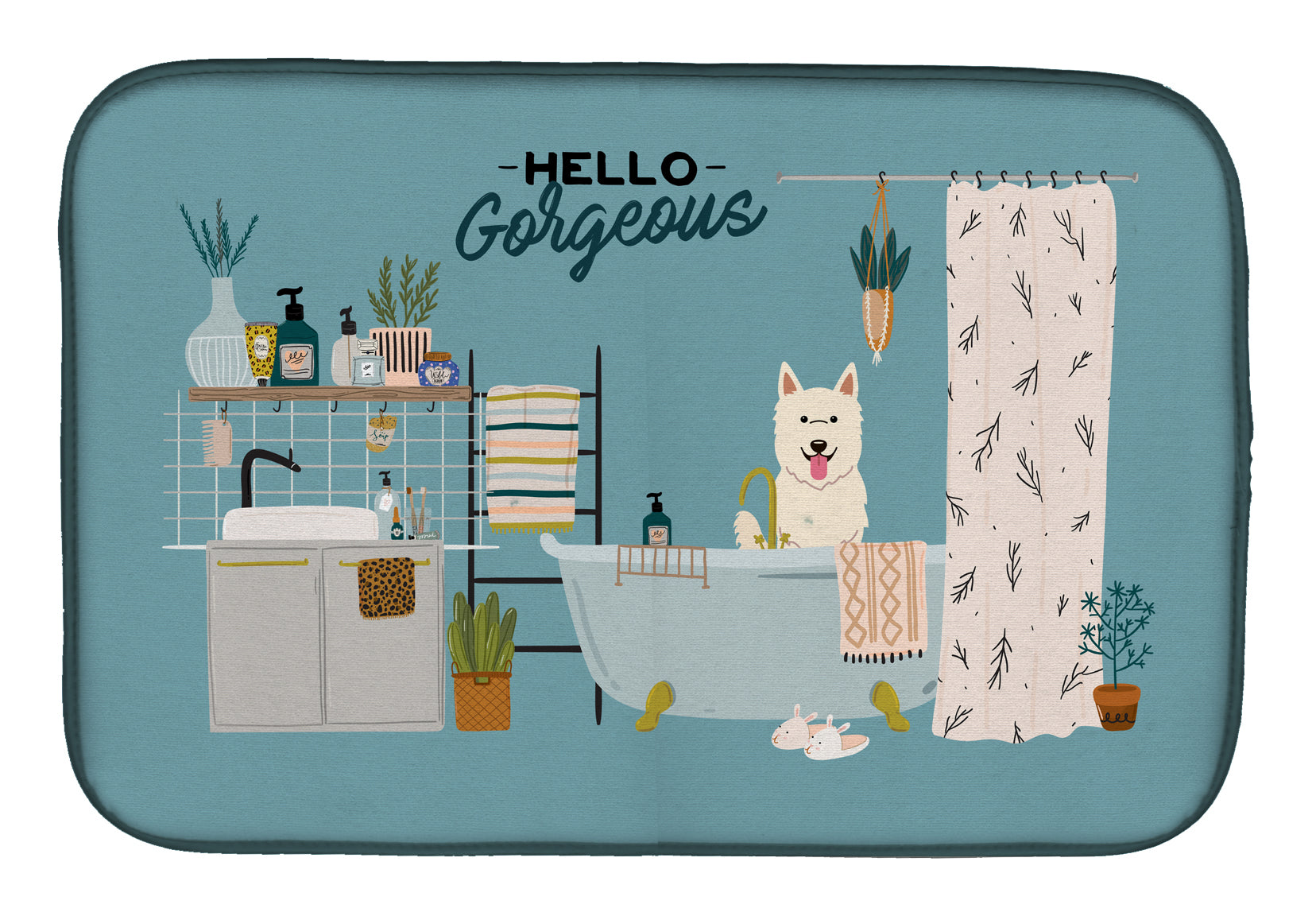 White German Shepherd in Bathtub Dish Drying Mat Absorbent Dish Drying Mat Pad for Kitchen Counter Dish Drainer Mat for Countertop, 14 x 21", Multicolor