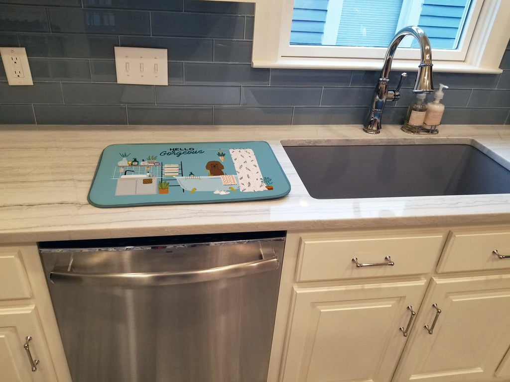 Irish Water Spaniel in Bathtub Dish Drying Mat Absorbent Dish Drying Mat Pad for Kitchen Counter Dish Drainer Mat for Countertop, 14 x 21", Multicolor