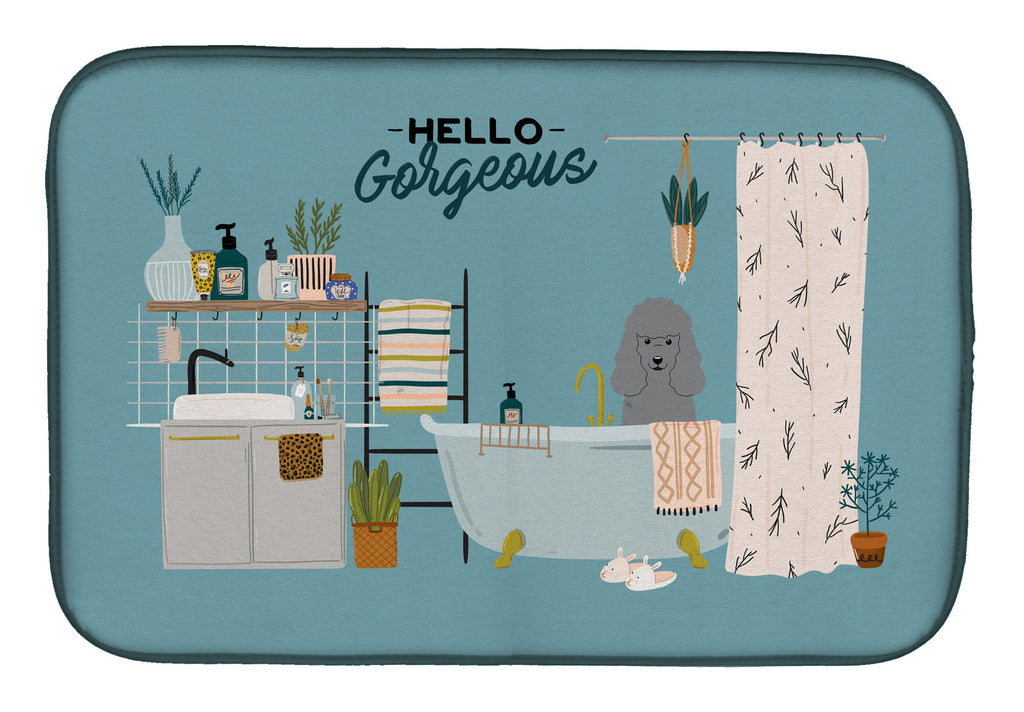 Silver Poodle in Bathtub Dish Drying Mat Absorbent Dish Drying Mat Pad for Kitchen Counter Dish Drainer Mat for Countertop, 14 x 21", Multicolor