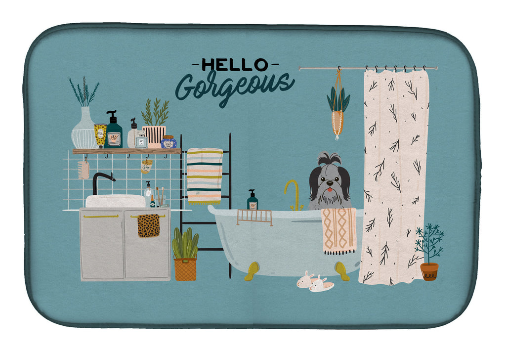 Black Silver Shih Tzu in Bathtub Dish Drying Mat Absorbent Dish Drying Mat Pad for Kitchen Counter Dish Drainer Mat for Countertop, 14 x 21", Multicolor