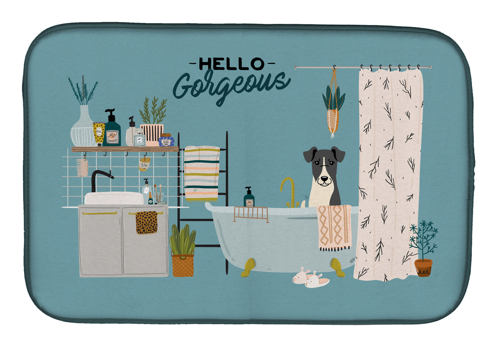 Smooth Fox Terrier in Bathtub Dish Drying Mat Absorbent Dish Drying Mat Pad for Kitchen Counter Dish Drainer Mat for Countertop, 14 x 21", Multicolor