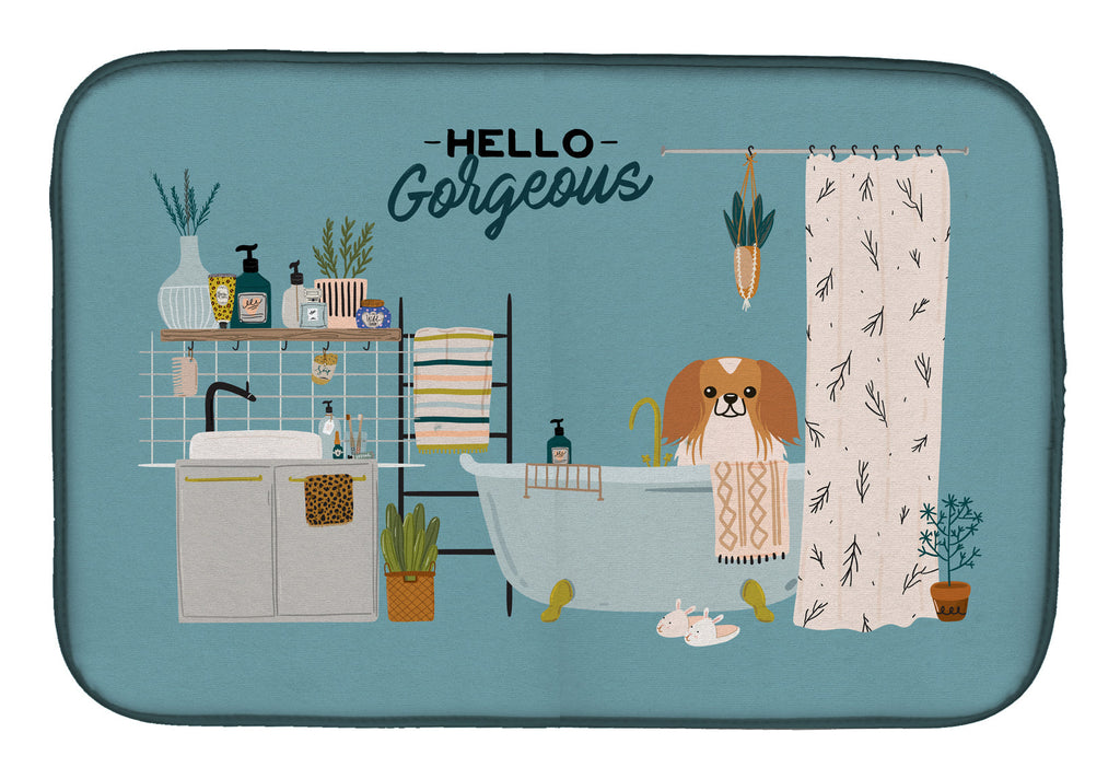 Red White Pekingese in Bathtub Dish Drying Mat Absorbent Dish Drying Mat Pad for Kitchen Counter Dish Drainer Mat for Countertop, 14 x 21", Multicolor