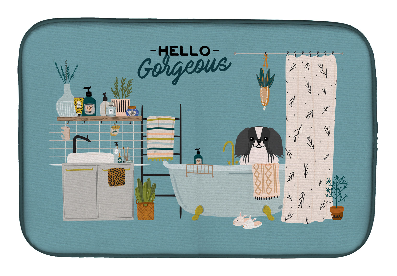 Black White Pekingese in Bathtub Dish Drying Mat Absorbent Dish Drying Mat Pad for Kitchen Counter Dish Drainer Mat for Countertop, 14 x 21", Multicolor