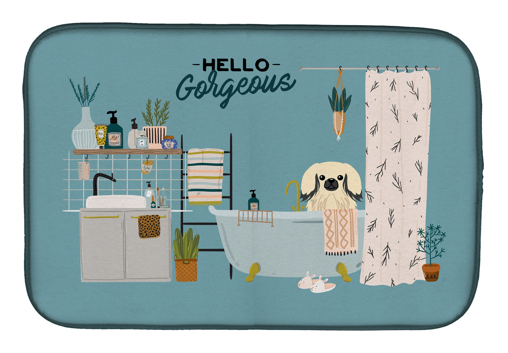 Cream Pekingese in Bathtub Dish Drying Mat Absorbent Dish Drying Mat Pad for Kitchen Counter Dish Drainer Mat for Countertop, 14 x 21", Multicolor
