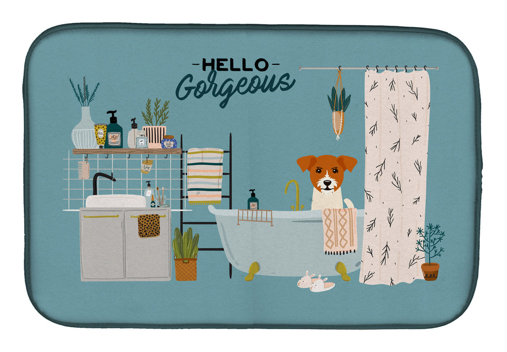 Jack Russell Terrier in Bathtub Dish Drying Mat Absorbent Dish Drying Mat Pad for Kitchen Counter Dish Drainer Mat for Countertop, 14 x 21", Multicolor
