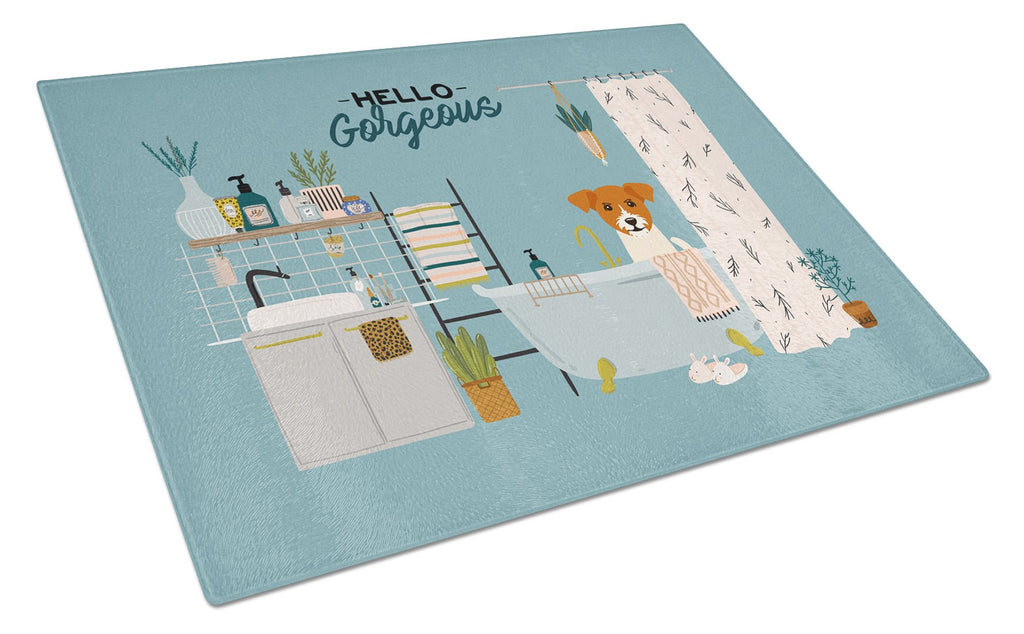 Jack Russell Terrier in Bathtub Cutting Board Tempered Glass Kitchen Cutting Surface, Heat Resistant Chopping, Non-Slip Feet, Food Prep & Serving
