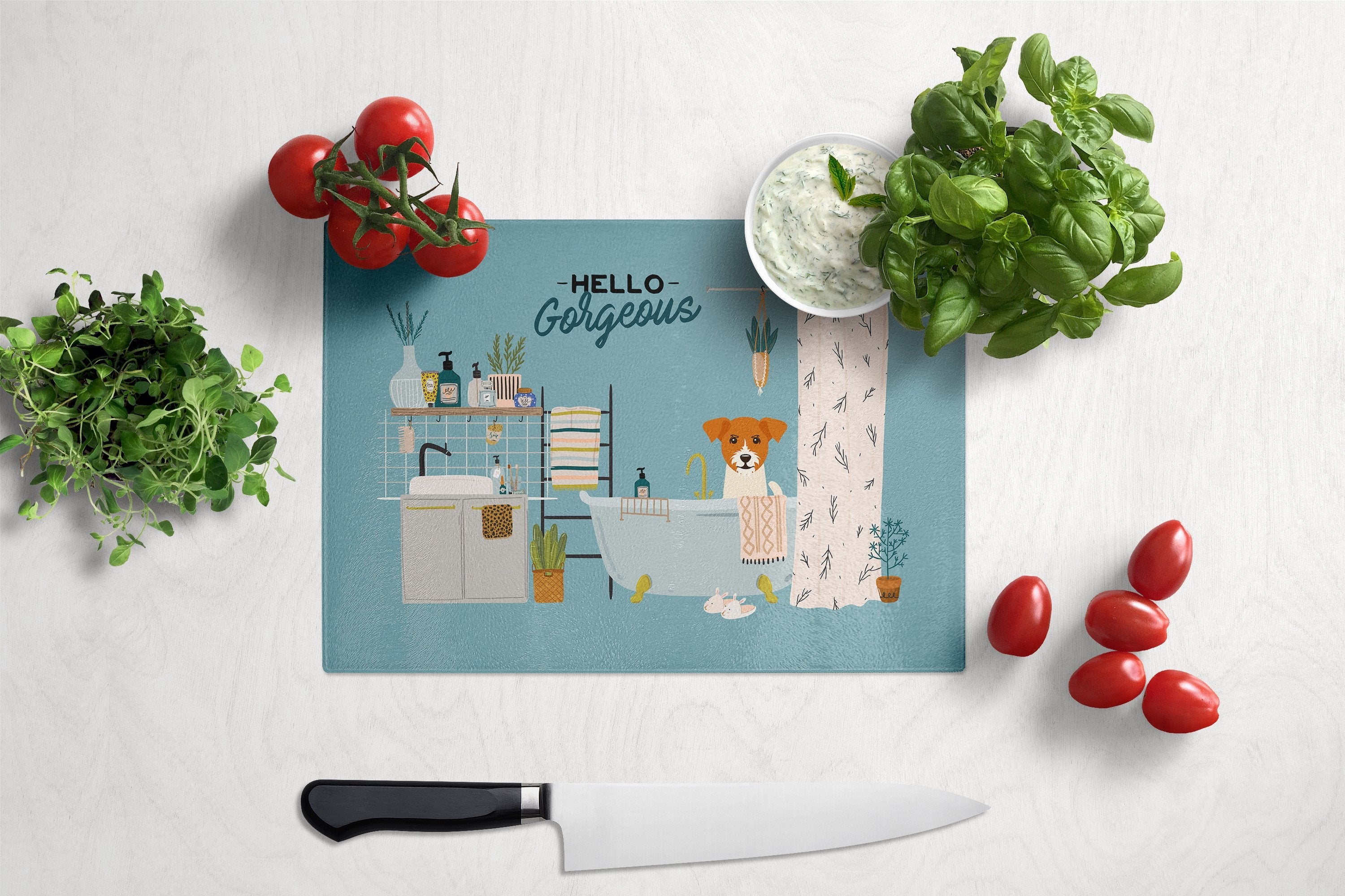 Jack Russell Terrier in Bathtub Cutting Board Tempered Glass Kitchen Cutting Surface, Heat Resistant Chopping, Non-Slip Feet, Food Prep & Serving
