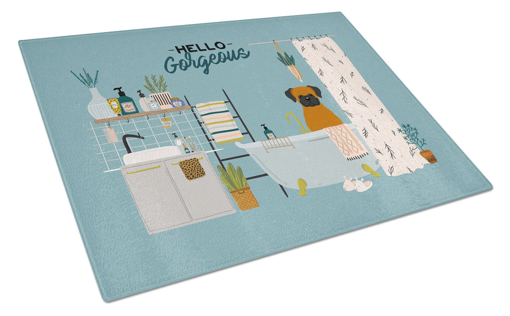 Fawn Boxer in Bathtub Cutting Board Tempered Glass Kitchen Cutting Surface, Heat Resistant Chopping, Non-Slip Feet, Food Prep & Serving