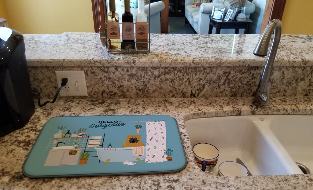 Red English Bulldog in Bathtub  Dish Drying Mat Absorbent Dish Drying Mat Pad for Kitchen Counter Dish Drainer Mat for Countertop, 14 x 21", Multicolor
