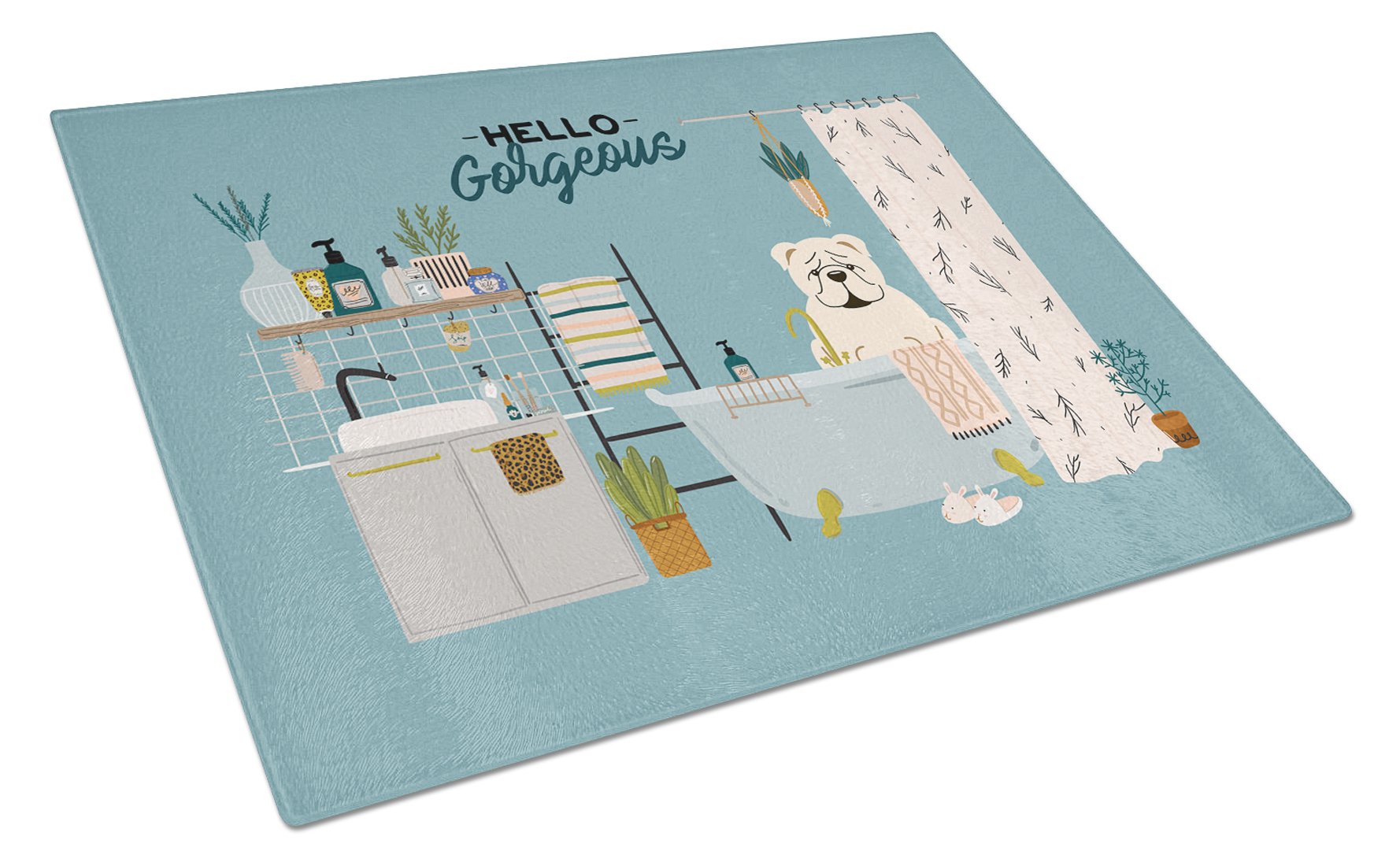 White English Bulldog in Bathtub Cutting Board Tempered Glass Kitchen Cutting Surface, Heat Resistant Chopping, Non-Slip Feet, Food Prep & Serving
